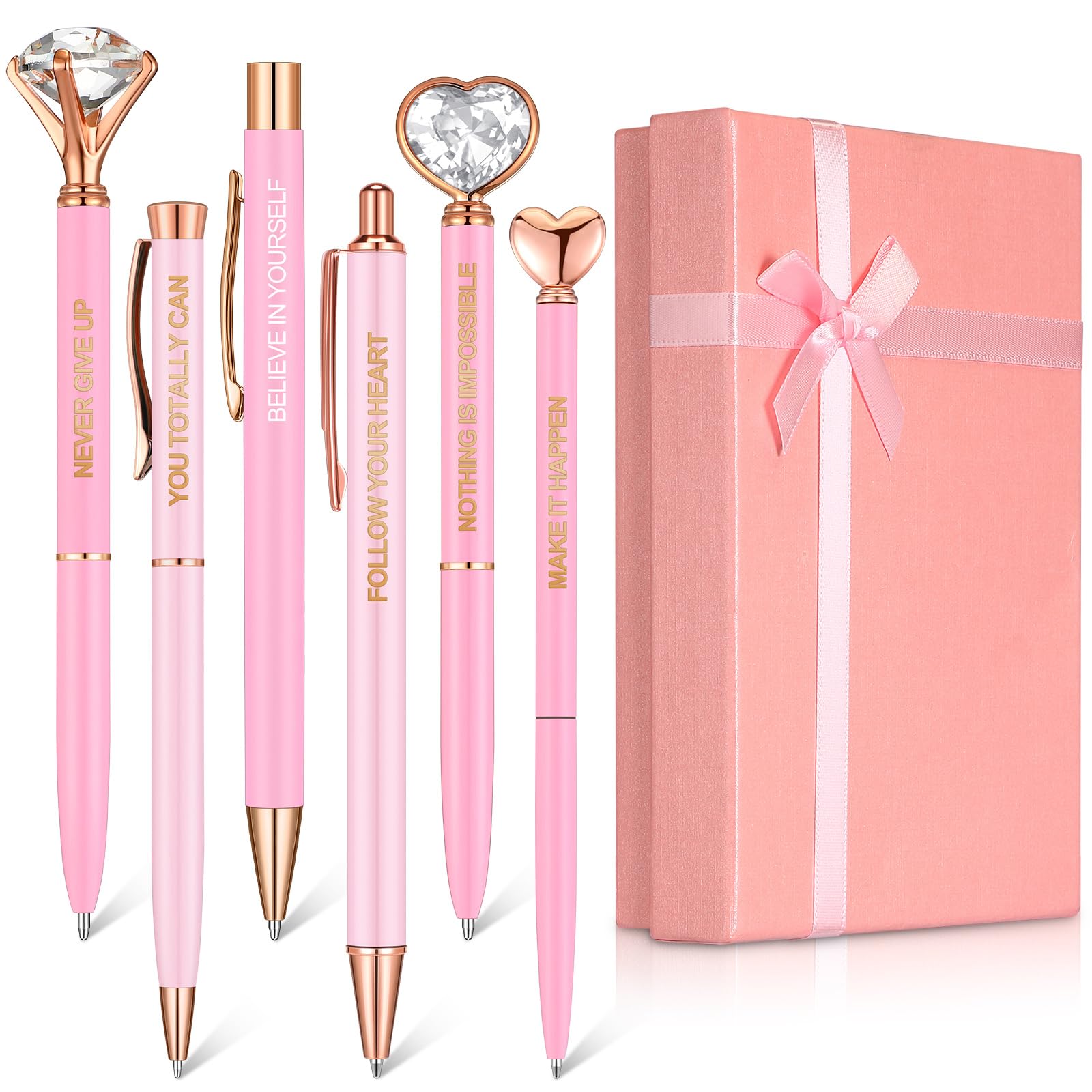 Yeaqee 6-Piece Inspirational Pen Set for Women - Diamond Ballpoint Pens with Crystal Motivational Office Supplies in Gift Box - Perfect for Nurses, Teachers, Wedding, Graduation & Mother's Day Gifts (Pink) - Ideal for Office Use, Journaling & Thoughtful Present Giving
