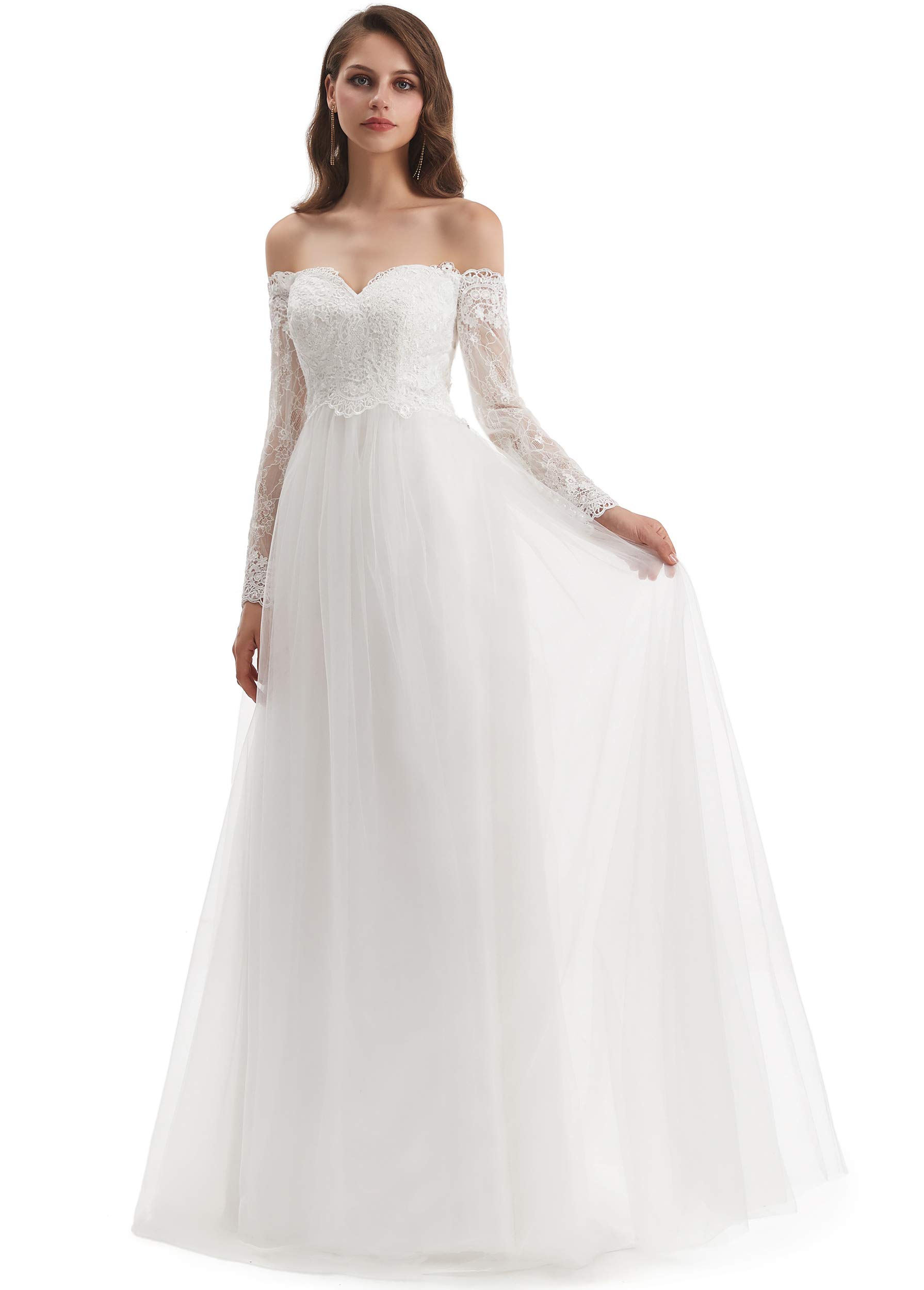 Elegant Women's Long Sleeve Lace Applique Beach Wedding Dress - Perfect for Beach Ceremonies, Destination Weddings & Romantic Photoshoots