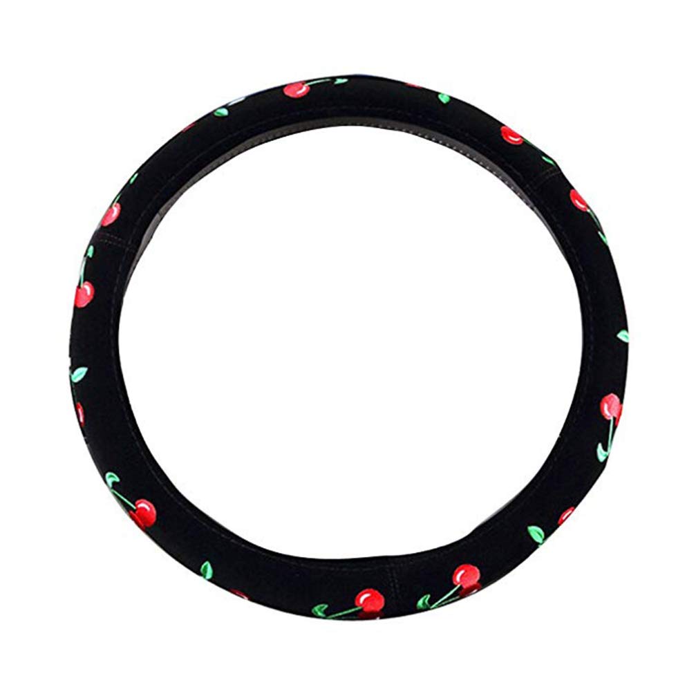Wakauto Embroidery Steering Wheel Cover for Women - Soft, Comfortable & Stylish Car Accessory (Cherry Red) - Perfect for Daily Commute & Road Trips