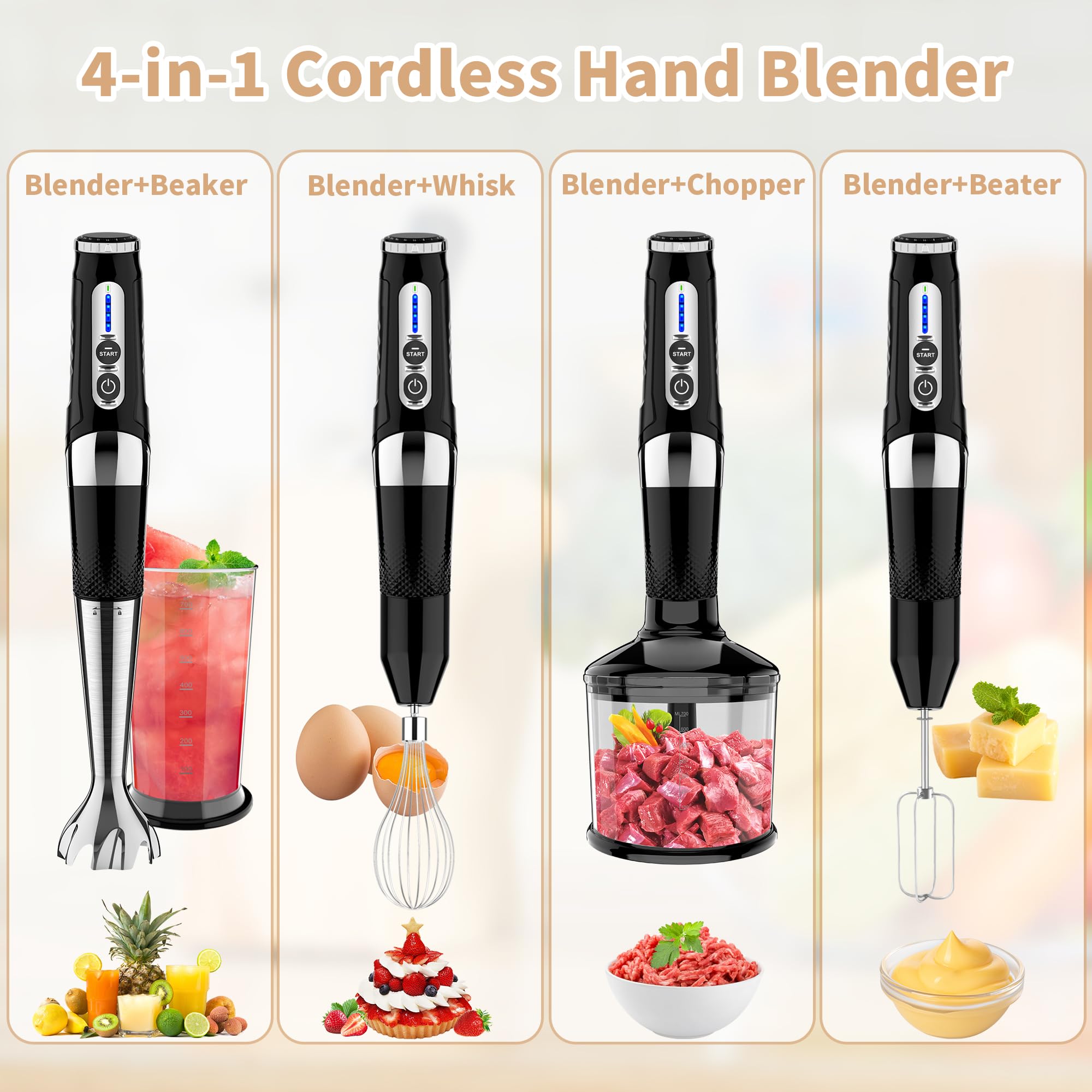 4-in-1 Cordless Immersion Blender - Rechargeable Hand Blender with 21 Speeds & Adjustable Angle, Includes 700ml Chopper, Beaker, Egg Whisk & Beater for Smoothies, Soup, Baby Food - Perfect for Kitchen, Home Cooking & Meal Prep (Black)