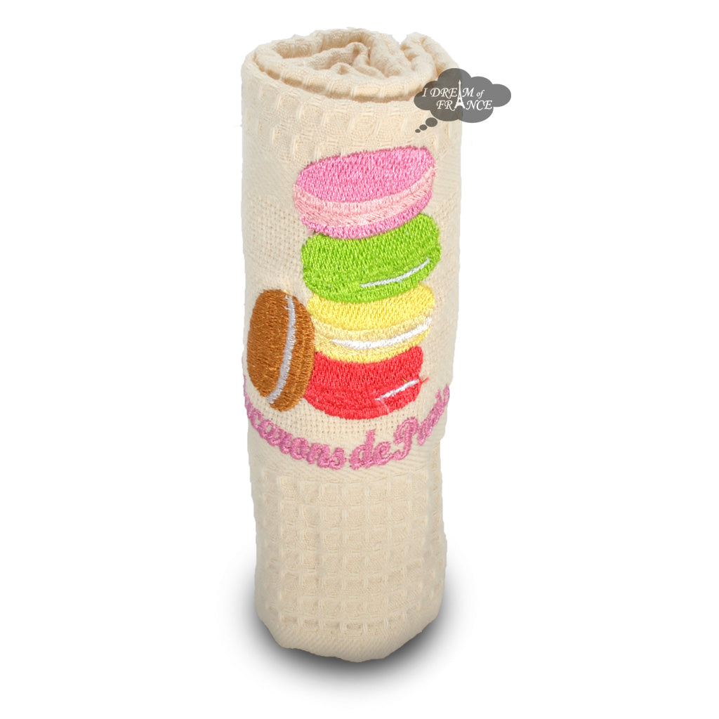 Premium Macarons of Paris Cream Waffle Weave Kitchen Towel Set by Coton Blanc - Absorbent & Decorative Dish Towels for Baking, Cooking & Kitchen Decor