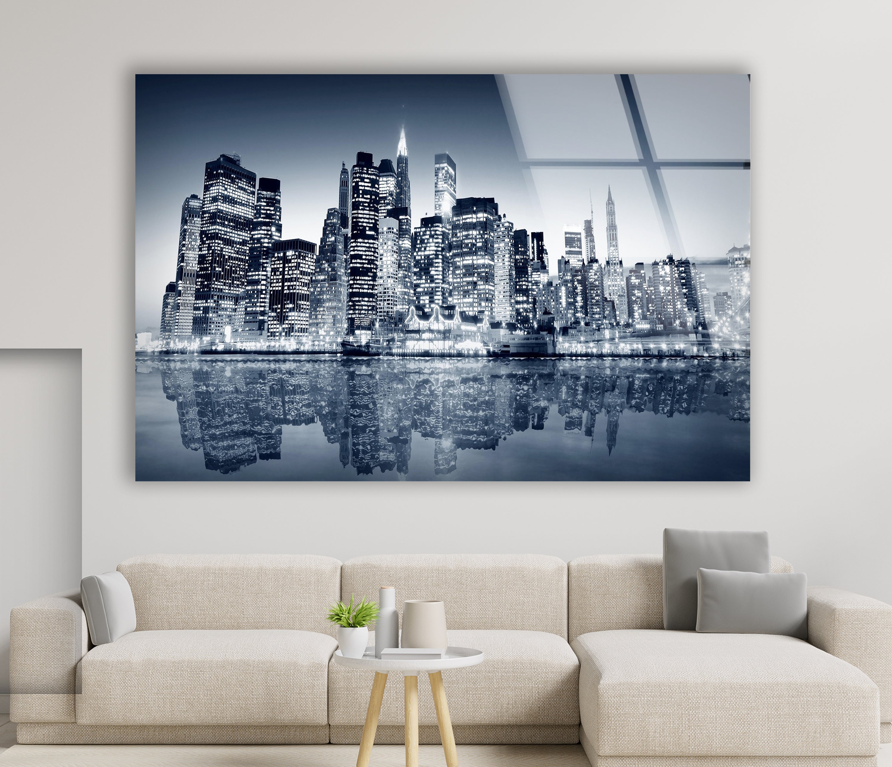 Black and White New York City Skyline Glass Wall Art - Iconic NYC Skyline View with Mirror Reflections - Perfect for Home Office Decor & Modern Living Room Wall Art