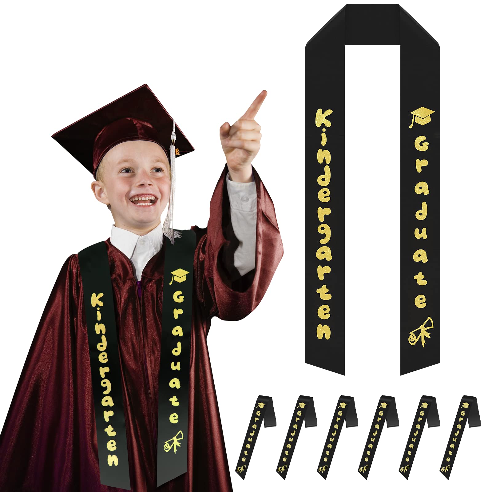 8-Piece Kindergarten Graduation Sash Set - Printed Satin Stoles with Graduation Cap & Scroll Design - Perfect for Preschool & Kindergarten Graduation Ceremonies, Photo Shoots & Celebrations