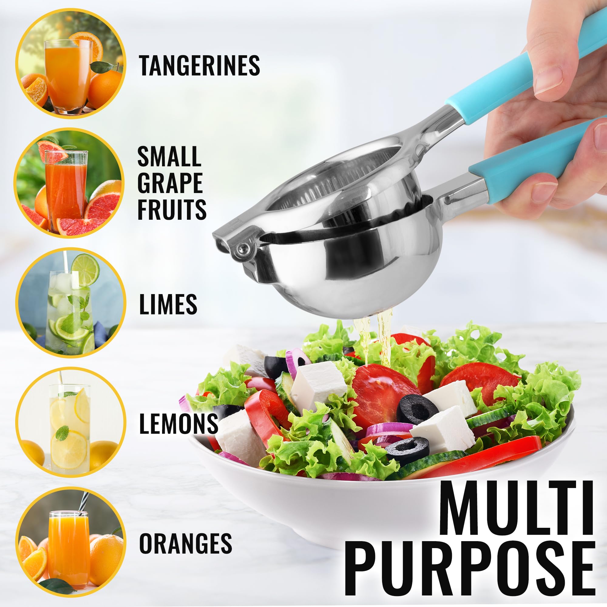 Premium Stainless Steel Lemon Squeezer - Heavy Duty Manual Citrus Juicer with Non-Slip Silicone Handles for Lemons, Limes & Oranges - Perfect for Cocktails, Baking & Fresh Juice Making (Blue)