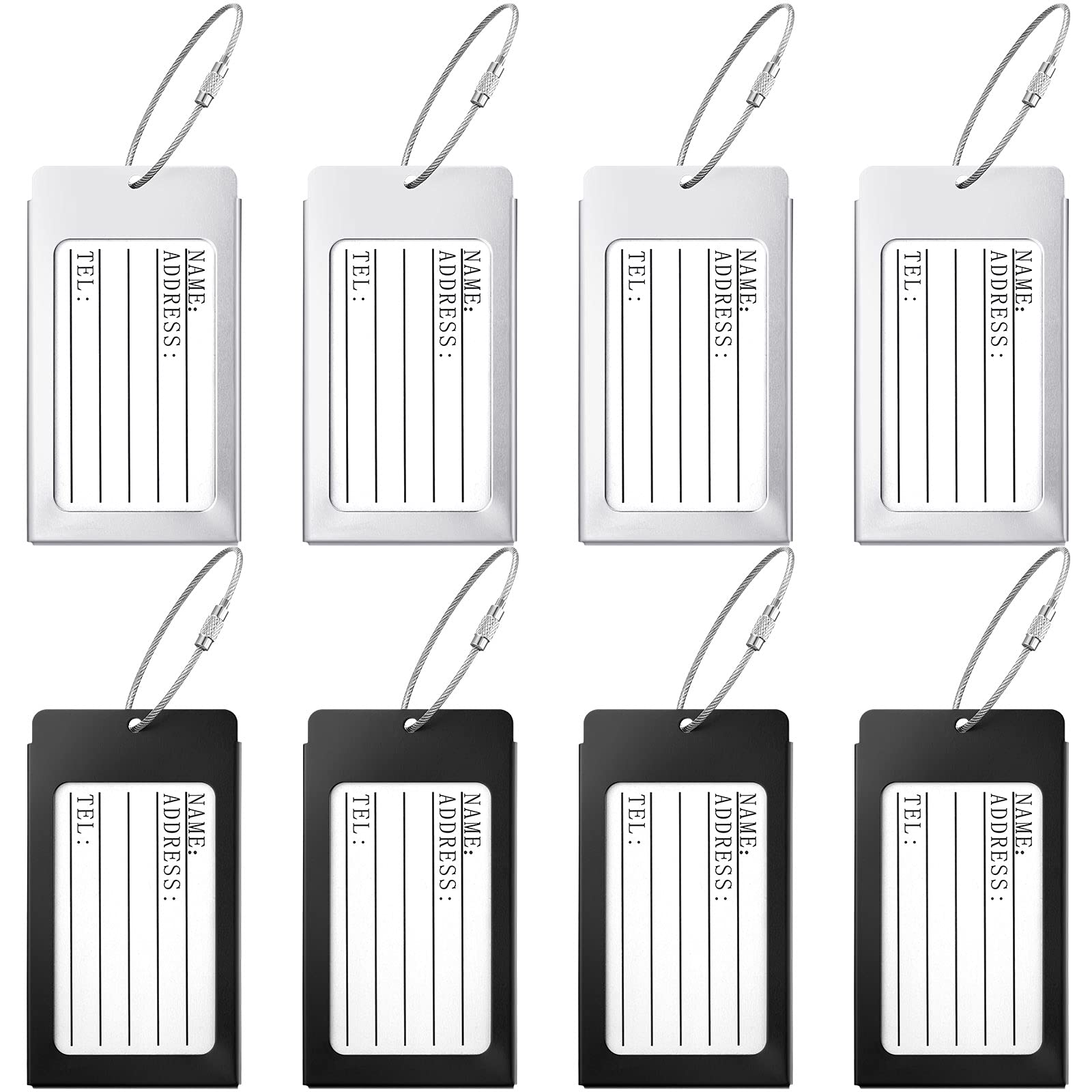 8 Pack Aluminum Metal Luggage Tags with Business Card Holder - Durable Travel ID Bag Tags for Suitcases, Backpacks & Carry-Ons (Silver & Black) - Perfect for Airports, Business Trips & Vacation Travel