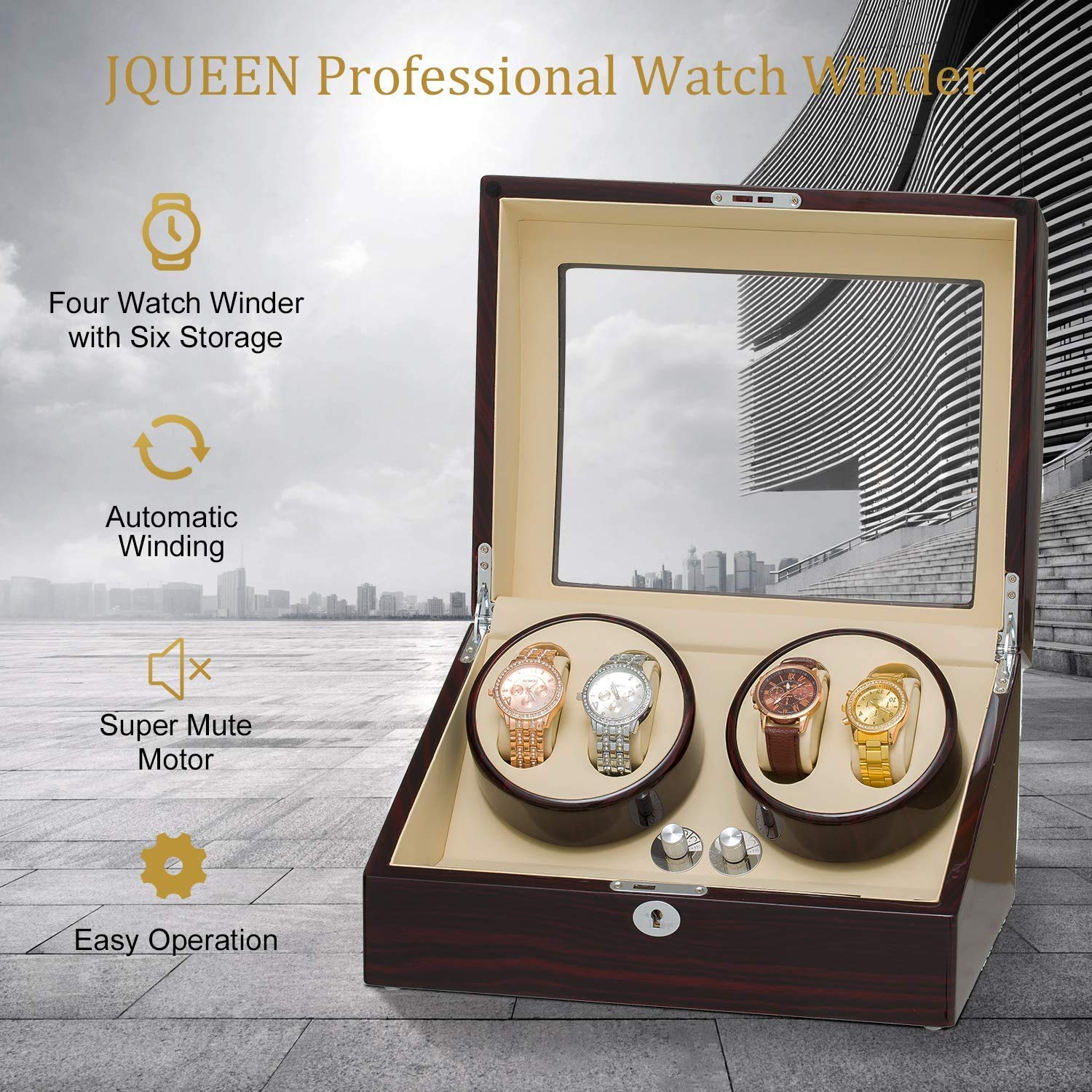 Premium JUQEEN Watch Winder for 4 Automatic Watches with 6 Storage Slots - Ebony Wood Display Case | Perfect for Watch Collectors & Luxury Watch Storage at Home or Office