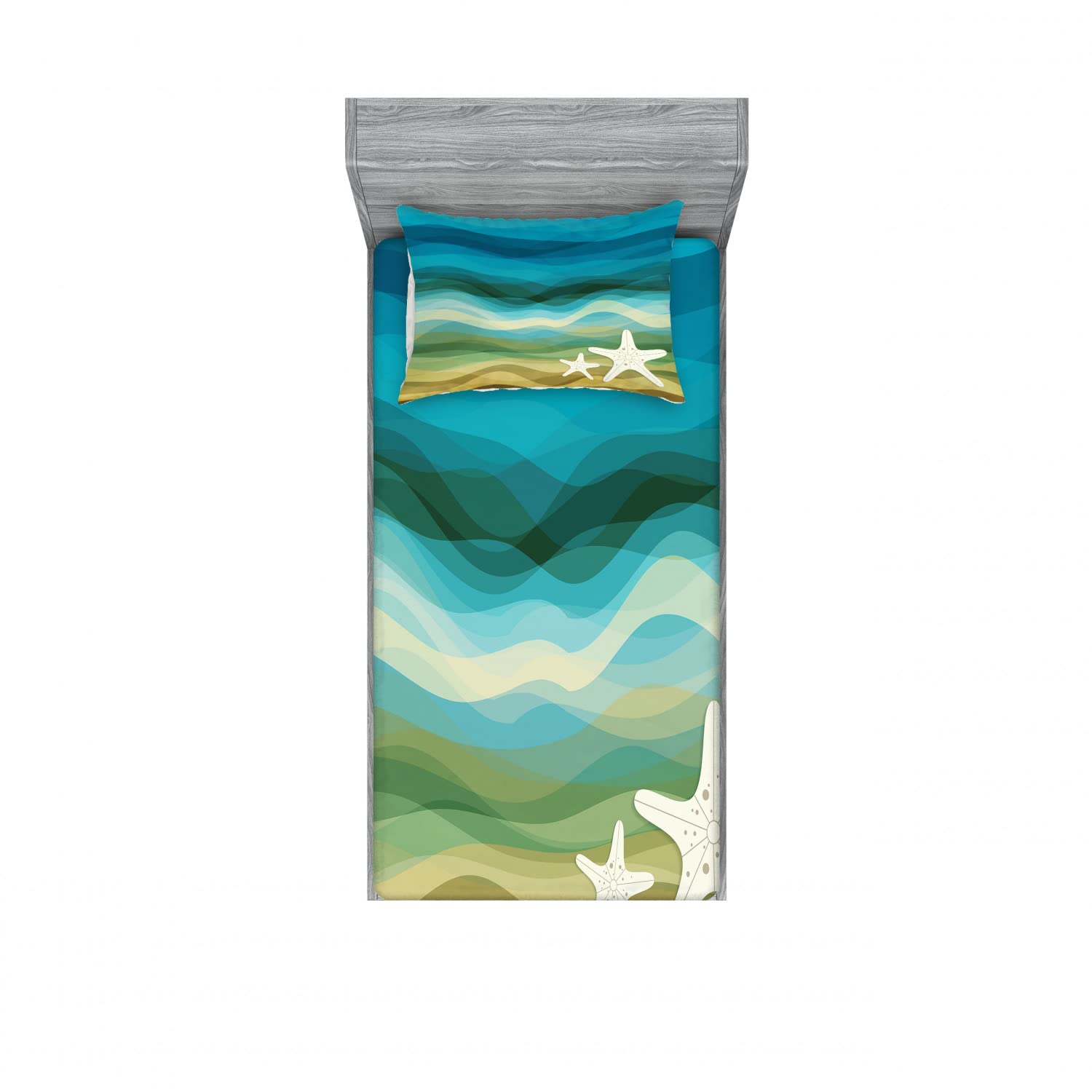 Ambesonne Abstract 2-Piece Twin Fitted Sheet Set with 2 Pillow Shams - Modern Ocean Waves & Starfish Design - Blue & Beige Bedding Decor - Perfect for Guest Rooms, Beach Houses & Coastal Themed Bedrooms