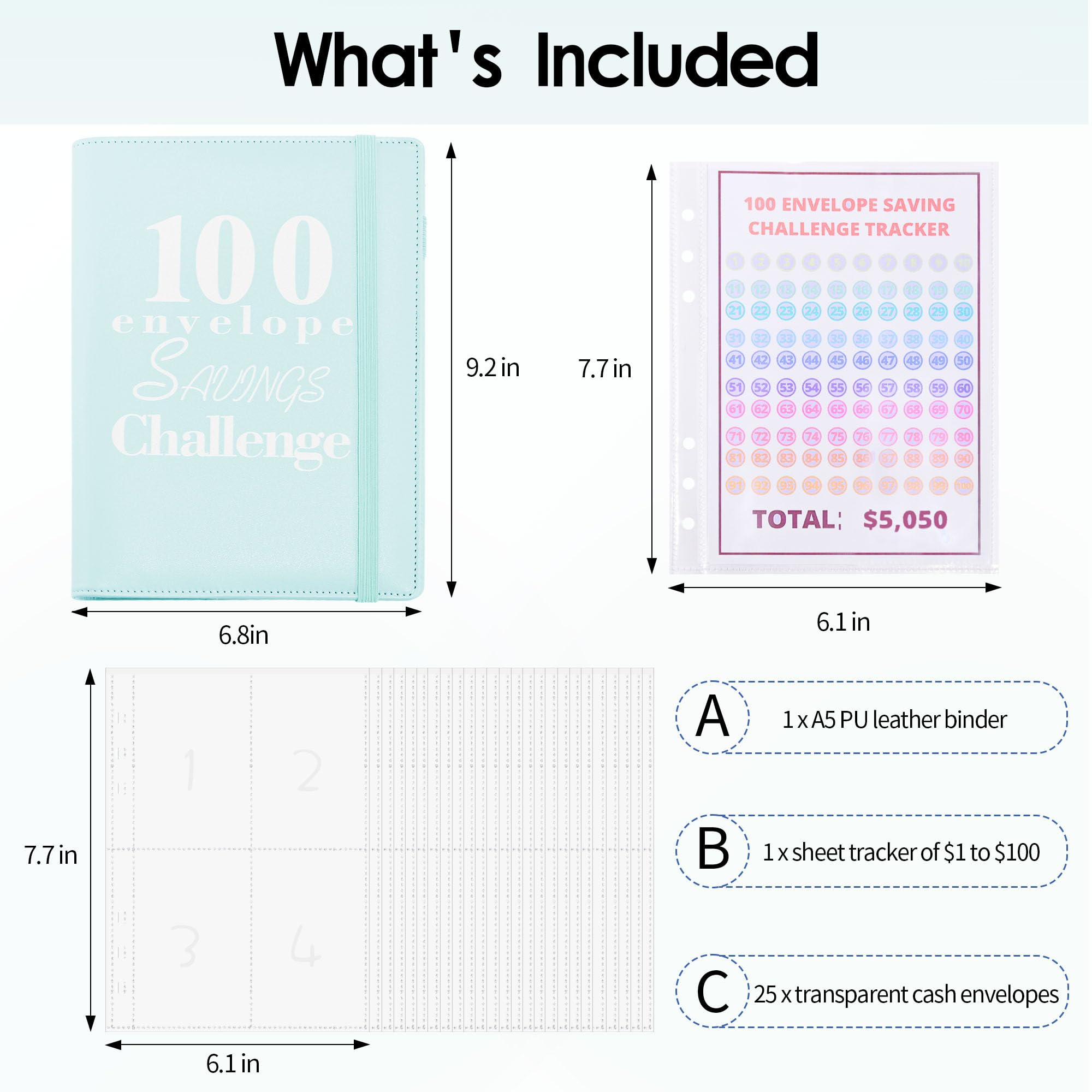 100 Envelopes Money Saving Challenge Binder - Budget Organizer with Cash Envelopes for $5,050 Savings Goal - Light Blue - Perfect for Personal Finance Management & Cash Budgeting System