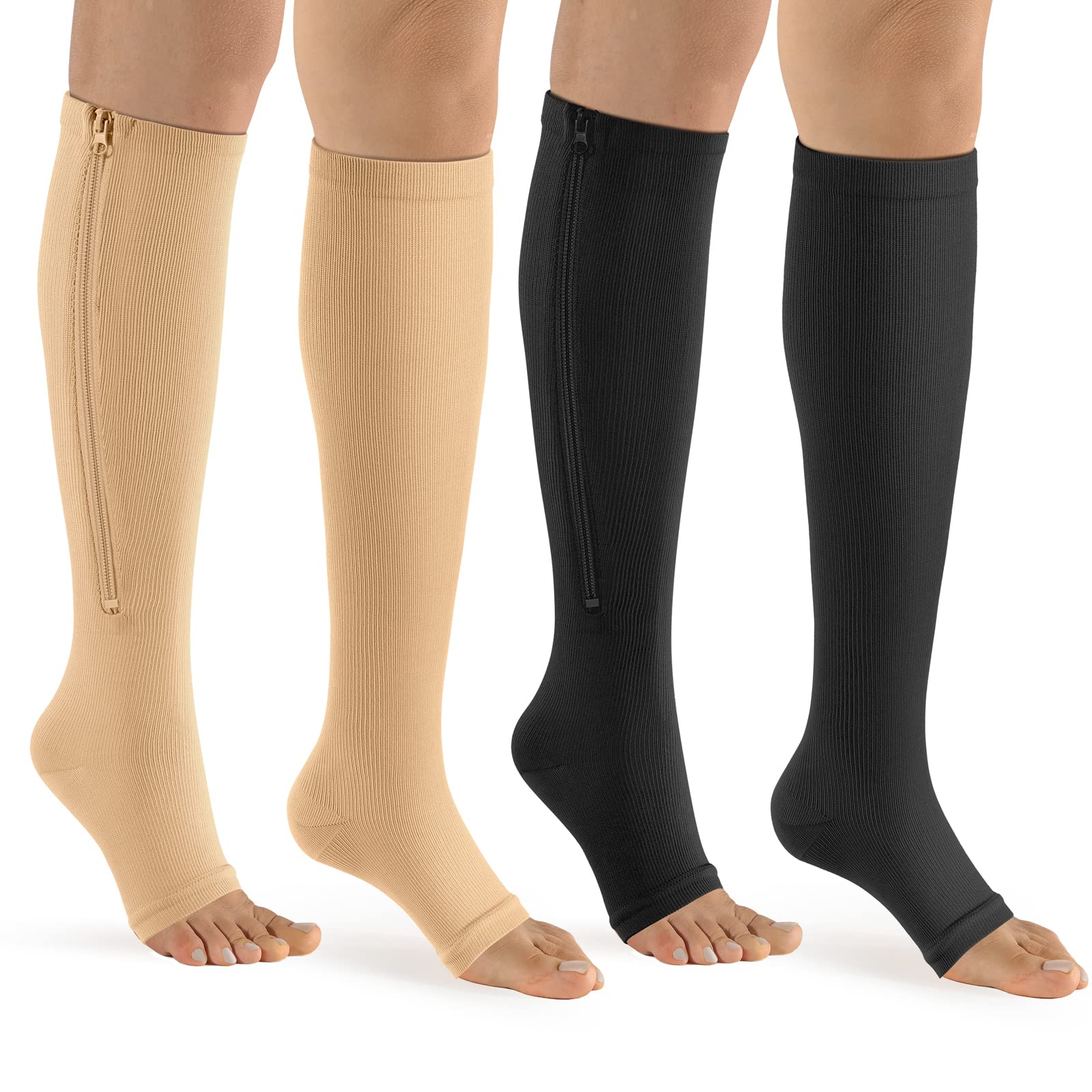 Bropite Open Toe Zipper Compression Socks - 2 Pairs Knee High Support Stockings for Walking, Running, Hiking & Sports - Ideal for Athletes, Travelers & Nurses