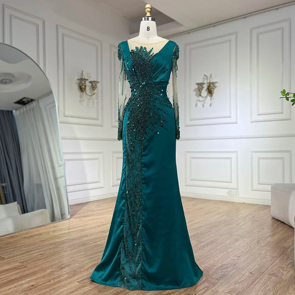 Serene Hill Luxury Dubai Green Mermaid Lace Beaded Satin Evening Dress for Women - Formal Gown for Wedding, Party & Special Occasions 2025 Collection LA72202A