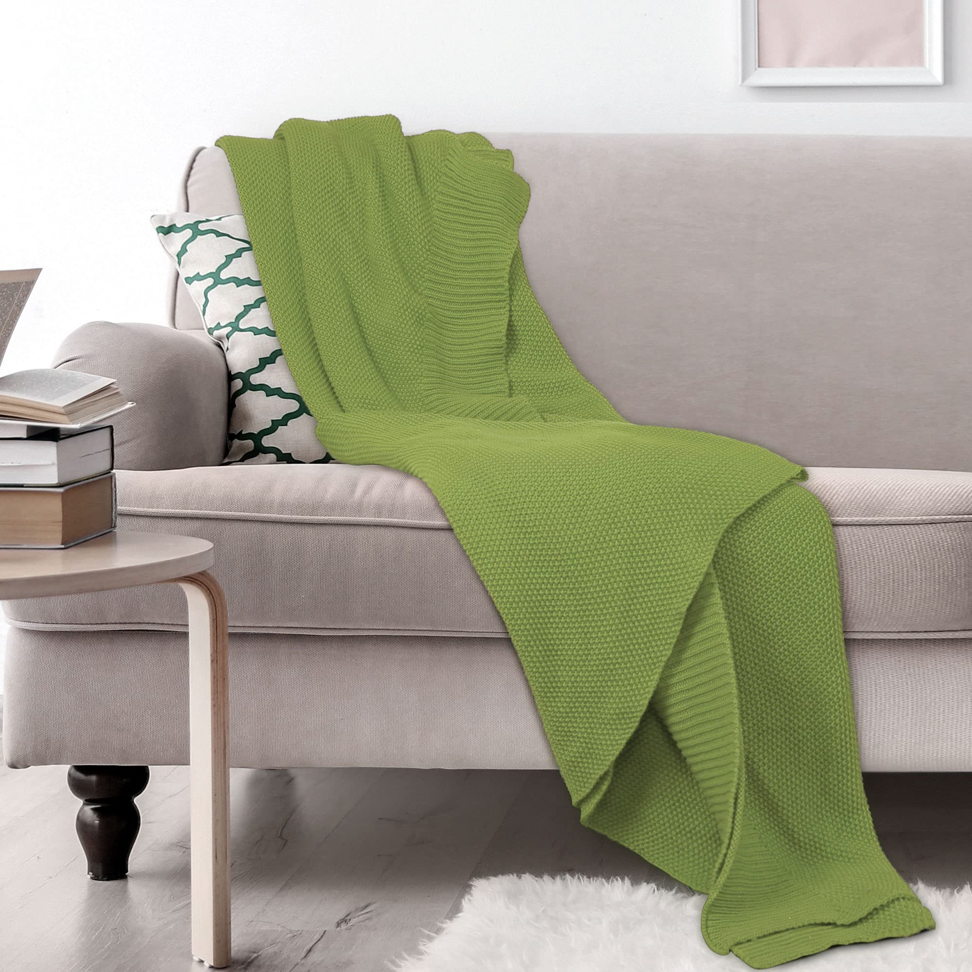 PiccoCasa 100% Cotton Knit Throw Blanket - Soft Lightweight Decorative Blanket for Sofa & Couch - Grass Green 50