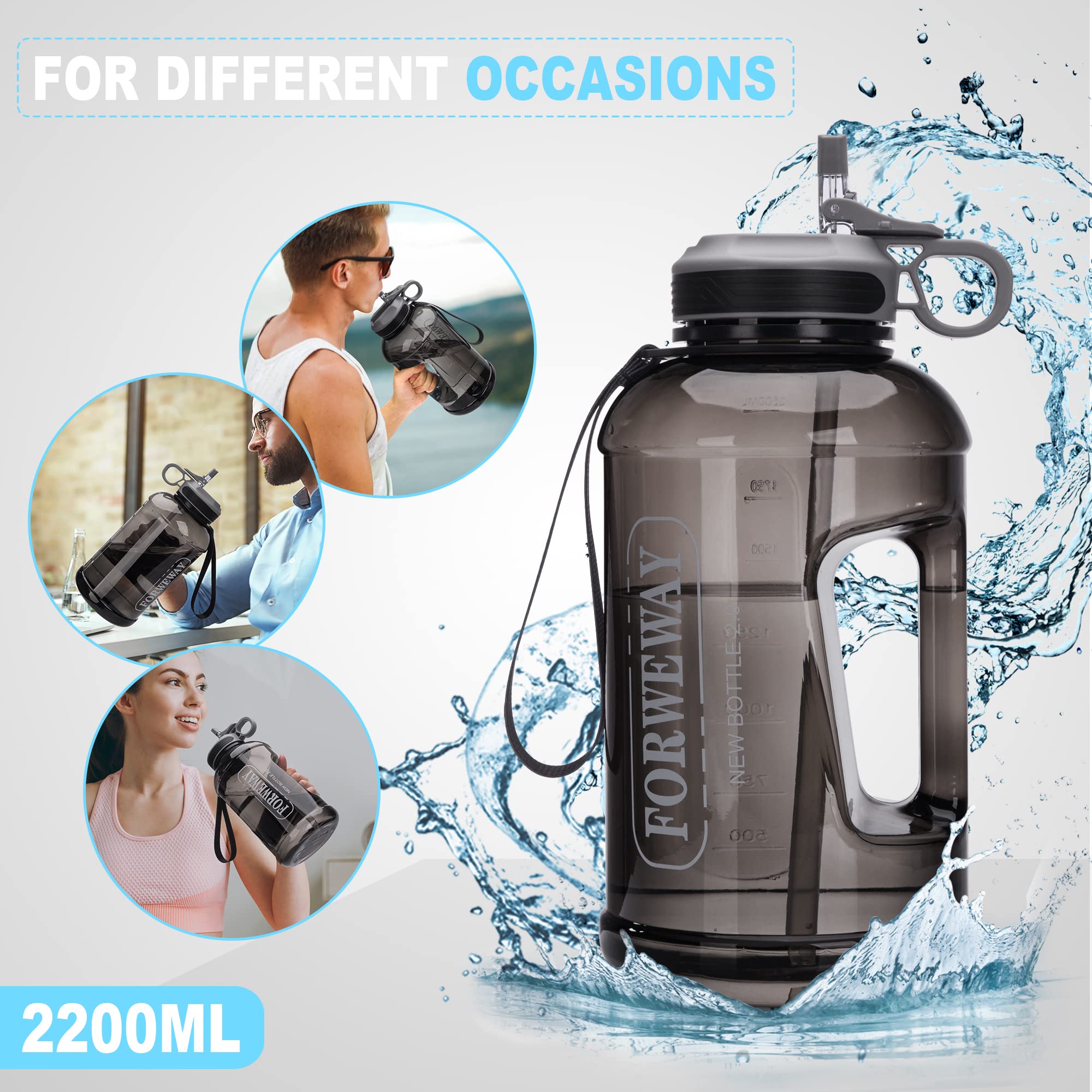 **2.2L (74oz) Large Half Gallon Water Bottle with Straw & Handle - Leakproof, BPA Free Sports Water Jug for Camping, Hiking, Gym & Outdoor Activities (Black)**