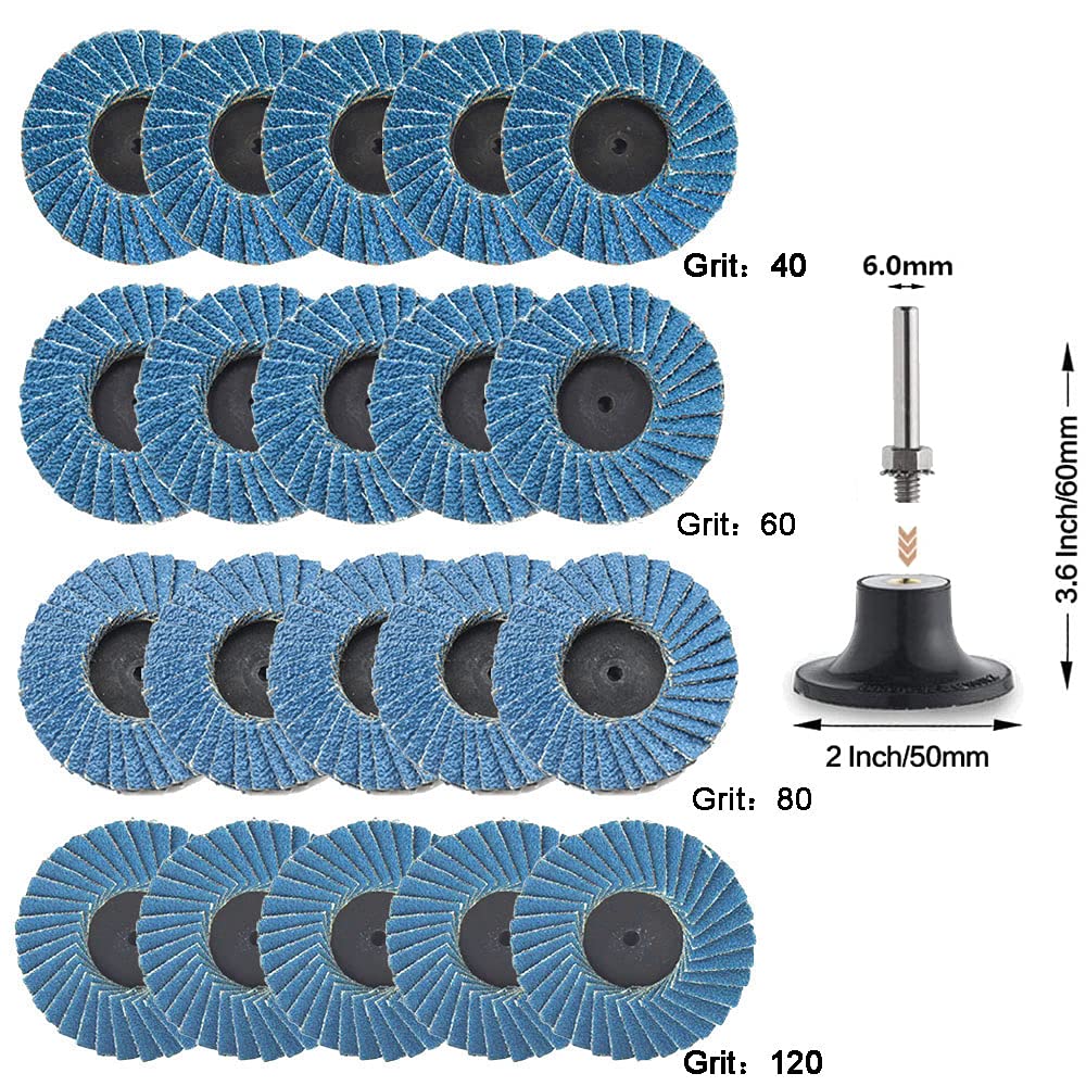 20Pcs 2 Inch Zirconia Mini Flap Disc Set - 40/60/80/120 Grit Quick Change Sanding Discs with 1/4