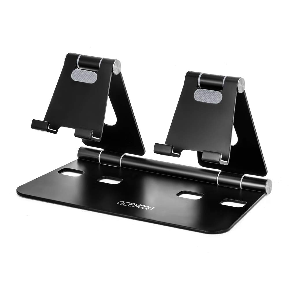 Aceyoon Adjustable Tablet Stand - Dual Phone & iPad Holder for Desk, Aluminum Alloy Foldable Stand for Tablet/Kindle, Portable Phone Stand for Office/Home/Bedside Use - Black