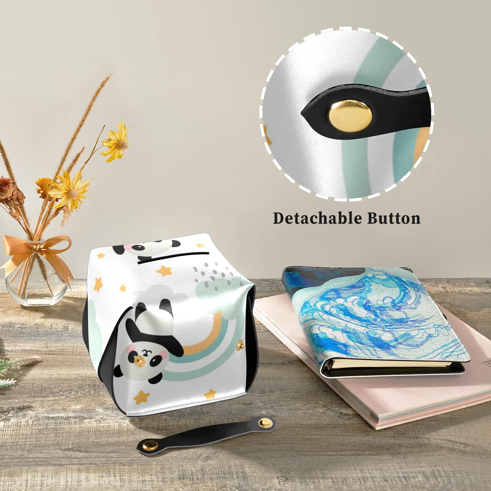 Seamless Panda Tissue Box Cover - Cute Flying Panda with Rainbow Clouds & Stars Design - Rectangle Leather Holder with Handle - Perfect for Bathroom, Home, Night Stand, Vanity, Office Desk & Car (9.4x5.1x3.6 inches) - Great for Home Decor & Gift Giving