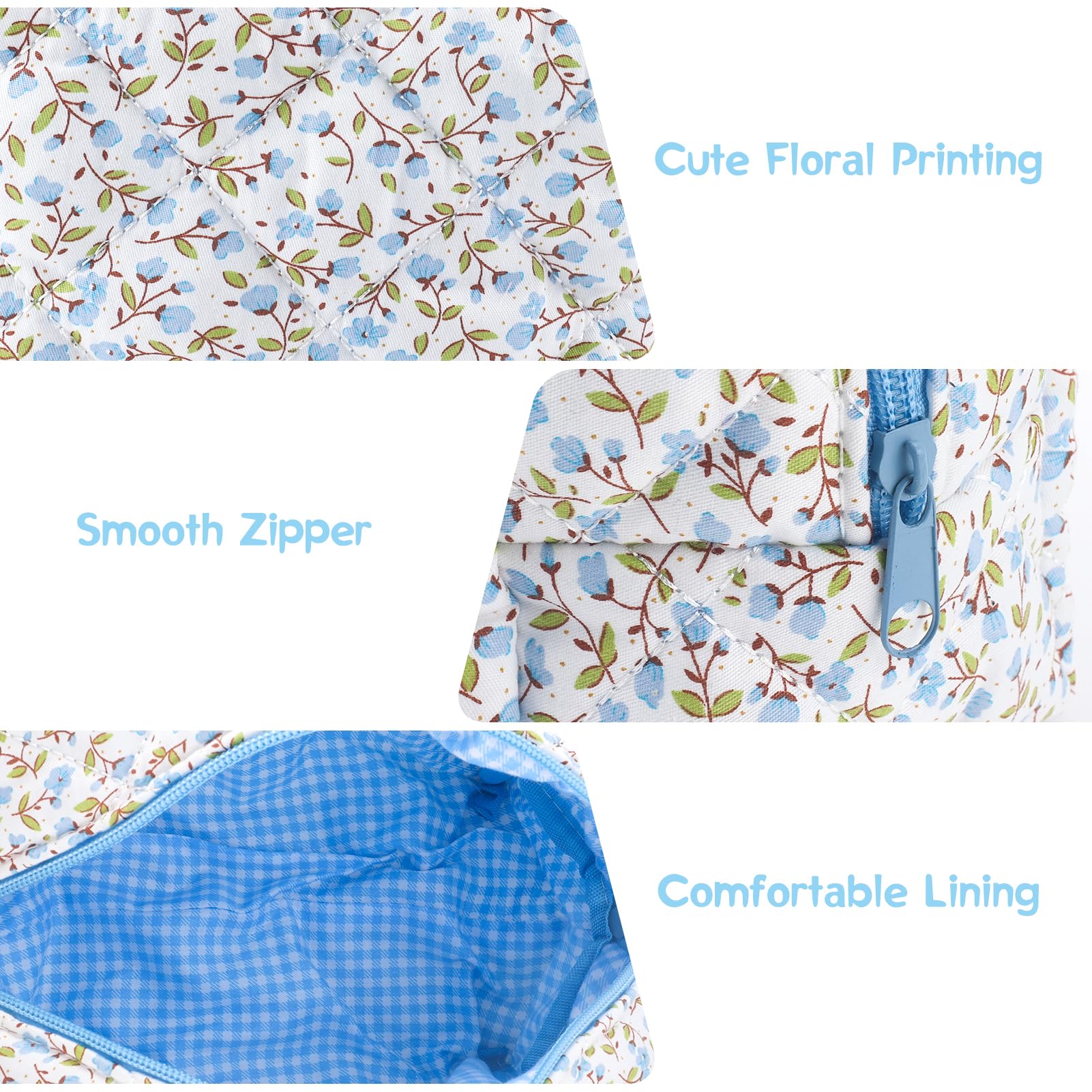 Floral Quilted Cotton Makeup Bag - Large Puffy Cosmetic Organizer for Women & Girls | Travel Toiletry Pouch with Zipper | Cute Aesthetic Storage for Cosmetics, Brushes & Essentials (Blue) - Perfect for Travel, Gym, Home & Daily Use