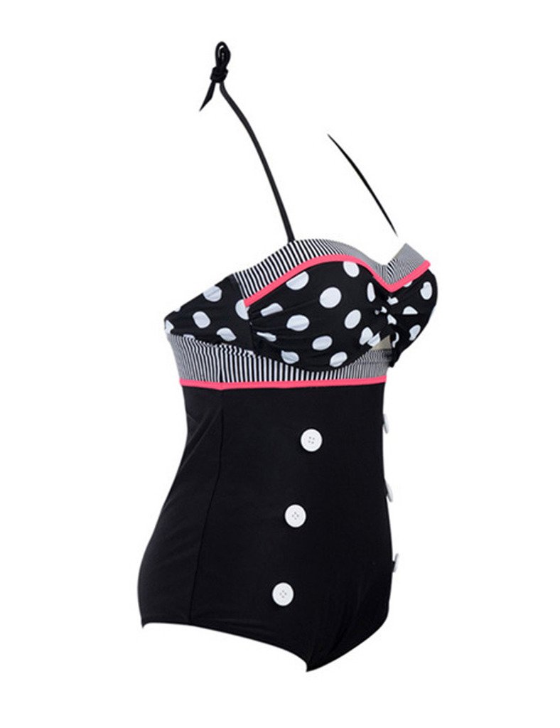 Women's Vintage High Waisted Bikini Set - Polka Dot White Top + Blue & White Striped Bottom | Retro Swimwear for Beach, Pool & Summer Vacations