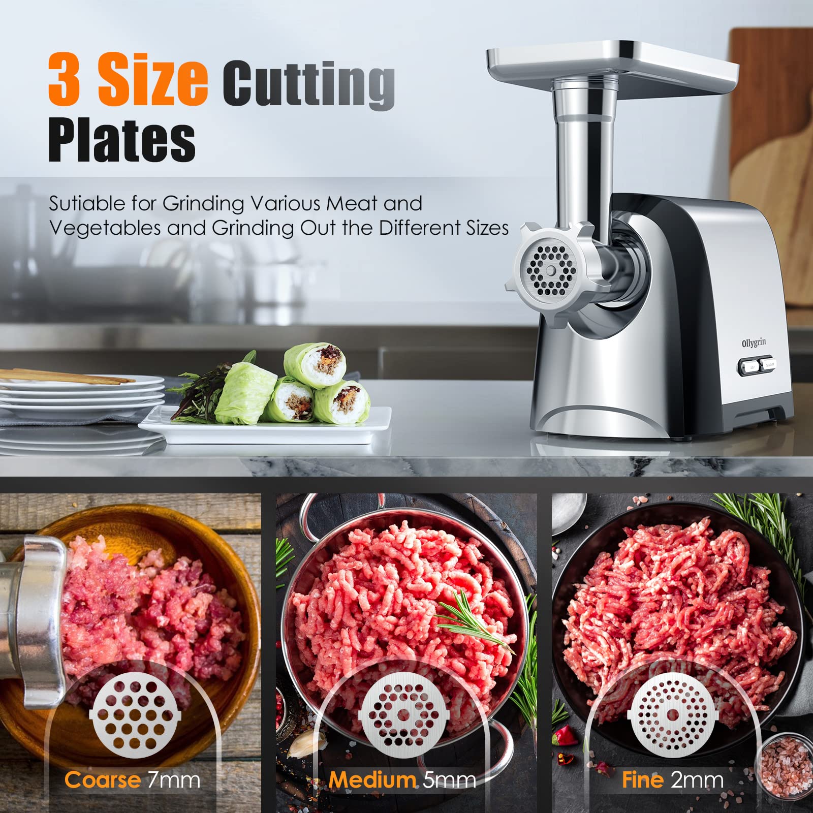 Electric Meat Grinder 2800W Heavy Duty - Stainless Steel Sausage Stuffer with 2 Blades & 3 Grinding Plates - Perfect for Home Kitchen, BBQ, Sausage Making & Food Prep