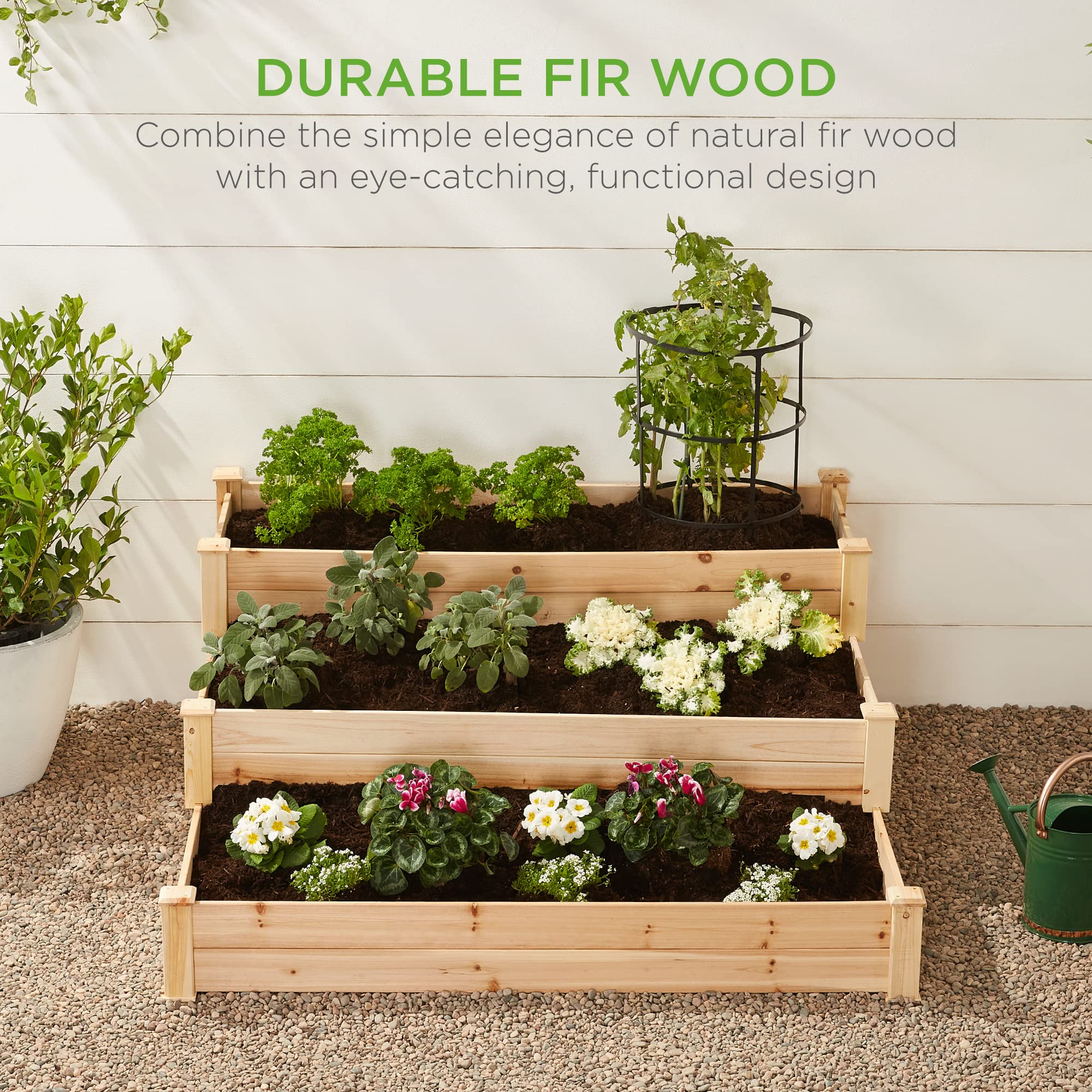 Best Choice Products 3-Tier Fir Wood Raised Garden Bed Planter Kit - Stackable & Flat Arrangement for Plants, Herbs, Vegetables - Easy Assembly Natural Wood Outdoor Gardening Solution for Backyard, Patio, and Urban Farming