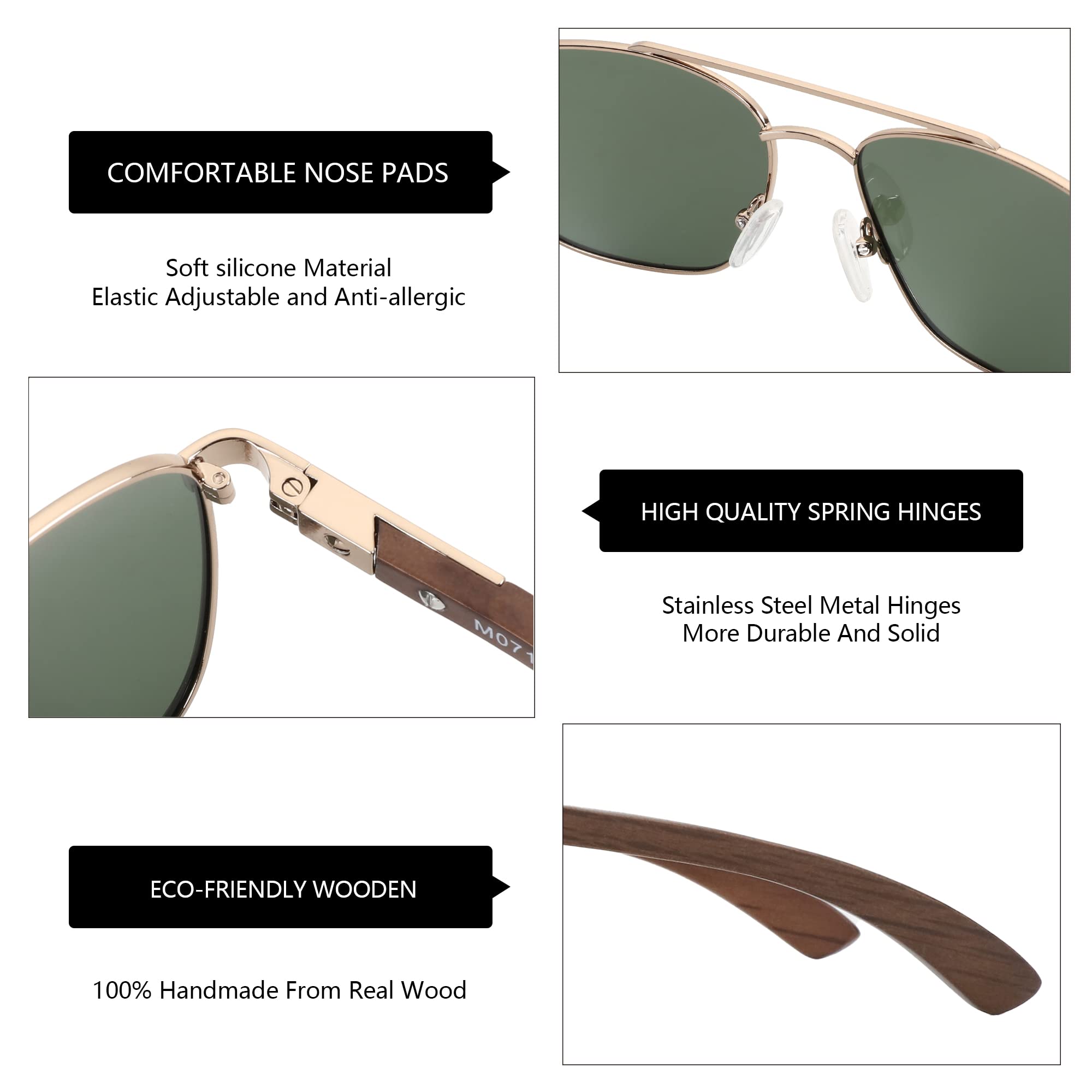 ZENOTTIC Polarized Aviator Sunglasses for Men - 100% UV Protection, Wood Frame - Perfect for Fishing, Driving, Golf & Outdoor Activities