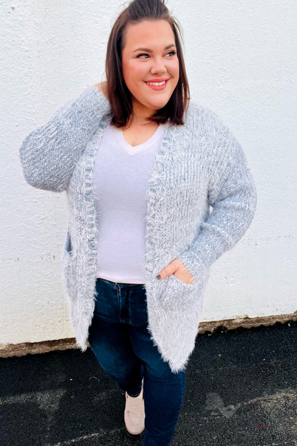 Leading Lady Slate Blue Two-Tone Fuzzy Soft Brushed Cardigan Sweater - Cozy Winter Wear for Women, Perfect for Office, Lounge & Casual Outings