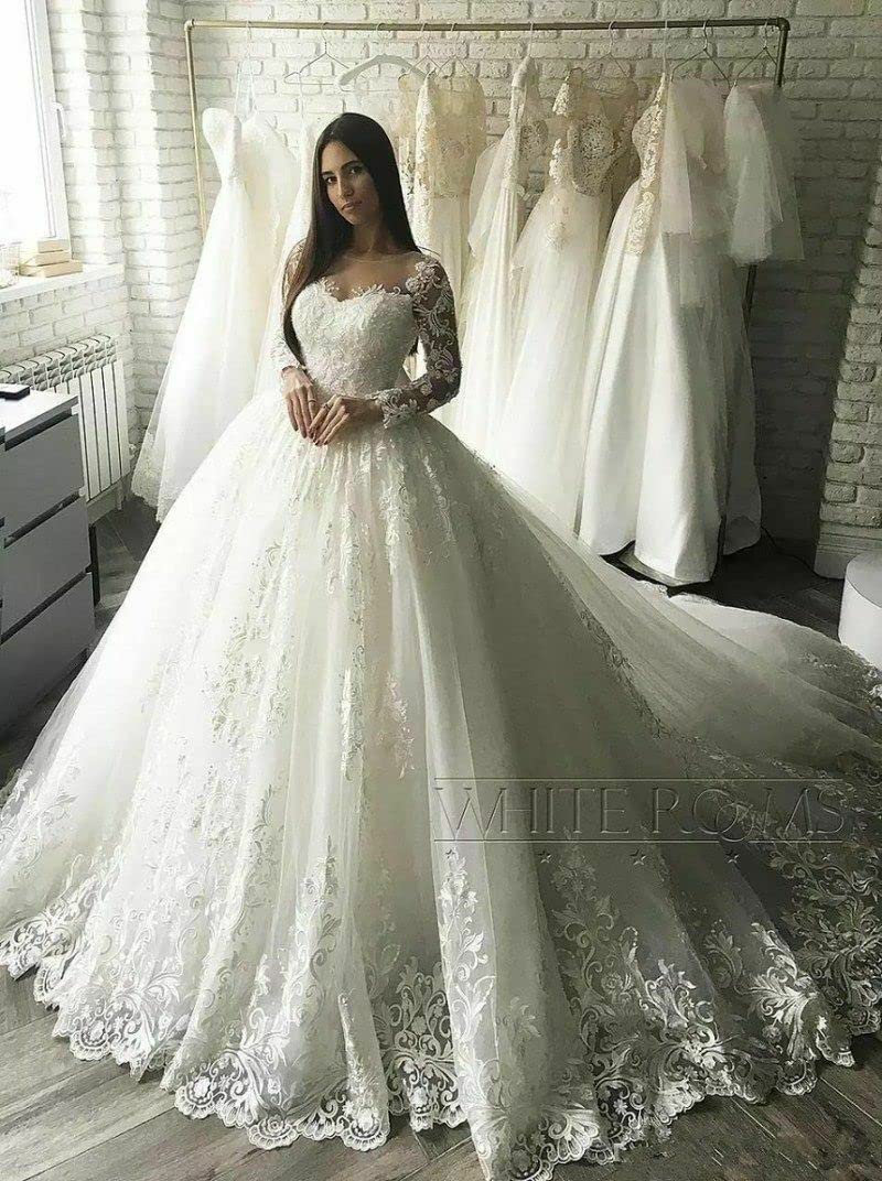 XYAYE Elegant Long Sleeve Lace Wedding Dress for Bride - Modest Bridal Gown with Train, Applique Detailing - Perfect for Church, Beach, and Formal Weddings