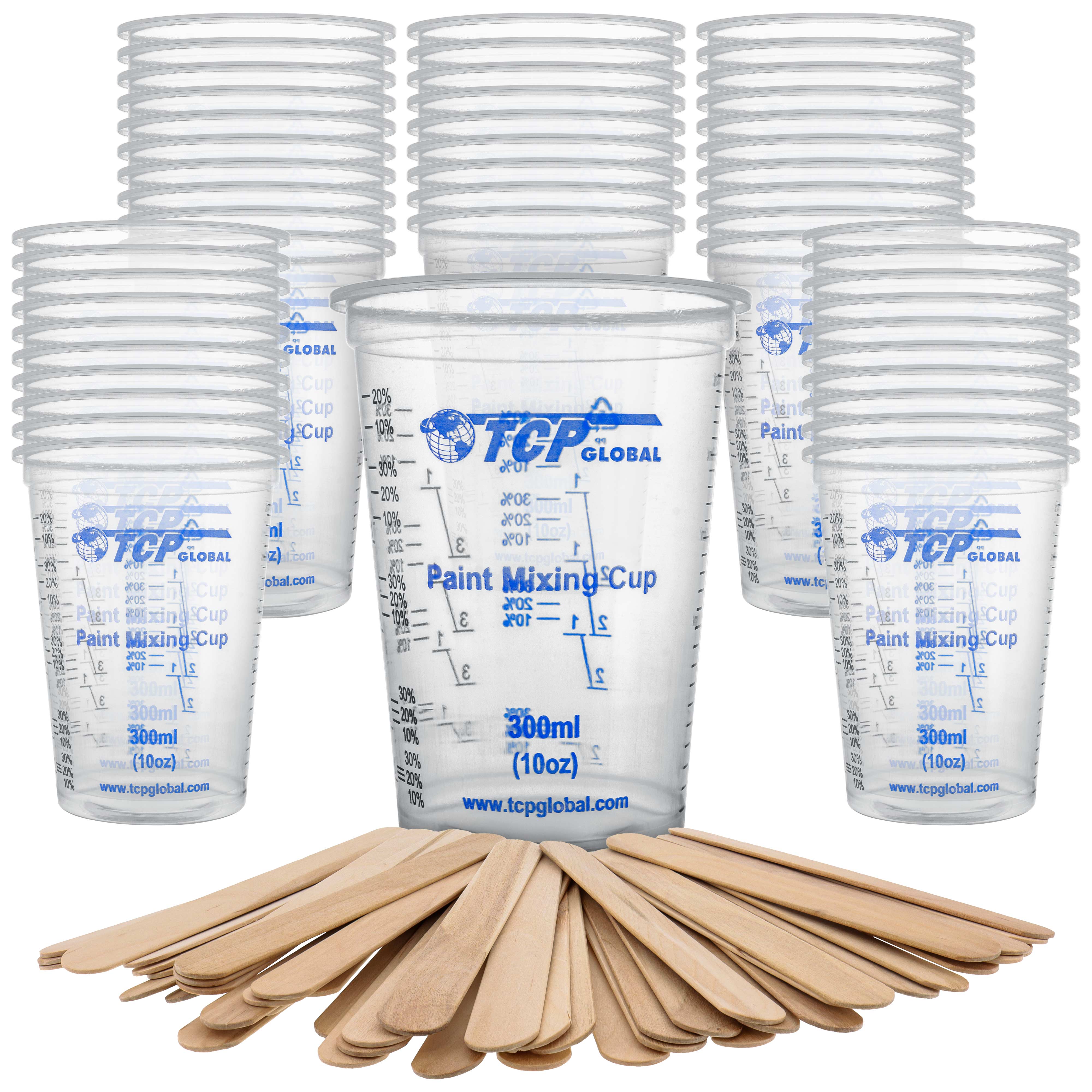 TCP Global 10 oz (300ml) Disposable Plastic Mixing Cups - Pack of 50 Cups & 50 Sticks - Clear Graduated Containers for Paint, Resin, Epoxy - Perfect for DIY Crafts, Art Projects & Home Repairs