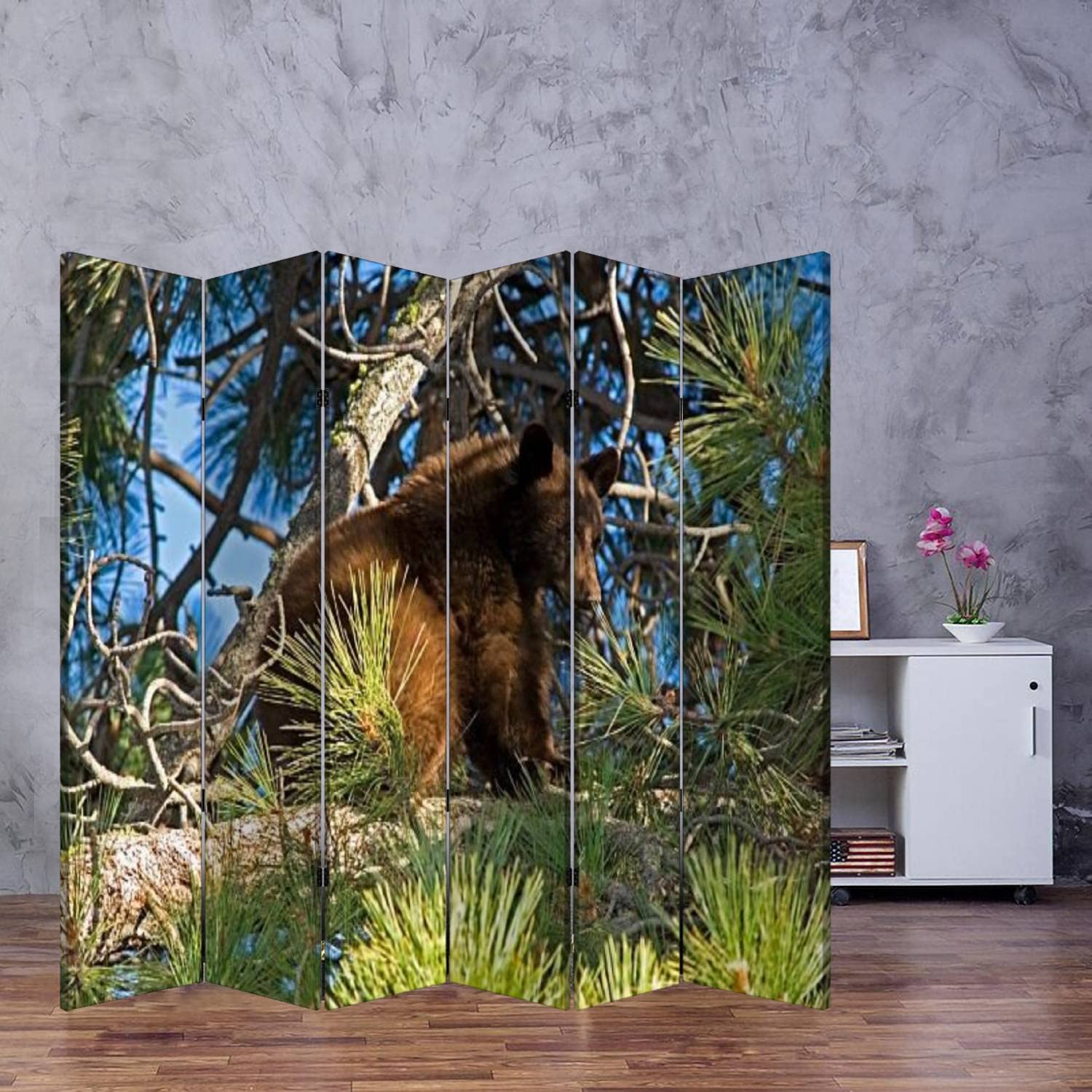 Black Bear Cub Wood Screen Room Divider - 6 Panel Folding Privacy Partition with Dual-Sided Canvas for Home & Office - Perfect for Room Separation, Nursery Decor, and Indoor Display Shelves