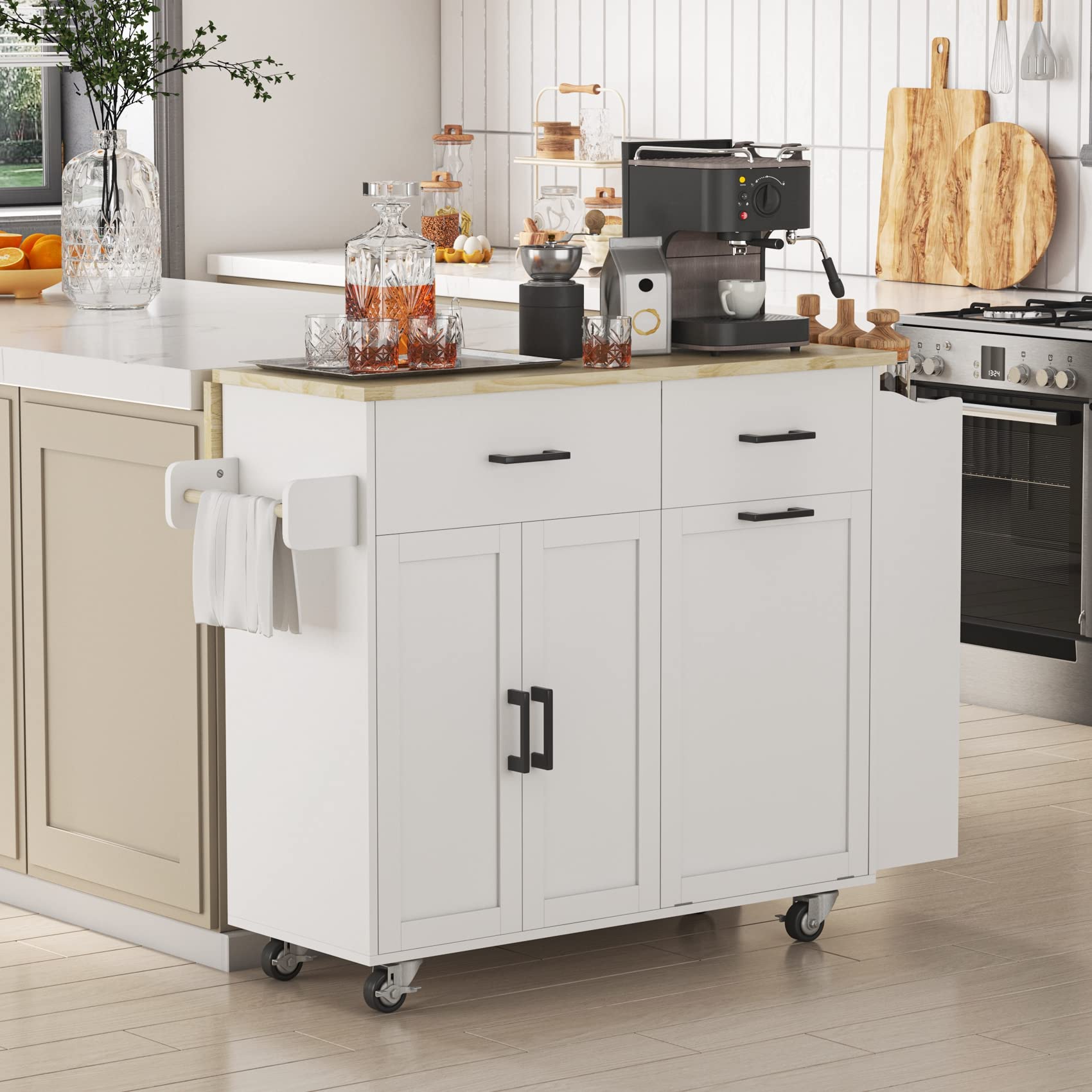 **Rolling Kitchen Island with Trash Storage Cabinet & 2 Drawers | Drop Leaf Design, 3-Tier Spice Rack & Tilt-Out Trash Bin | Mobile Kitchen Cart for Small Spaces, Cooking Prep & Extra Storage**