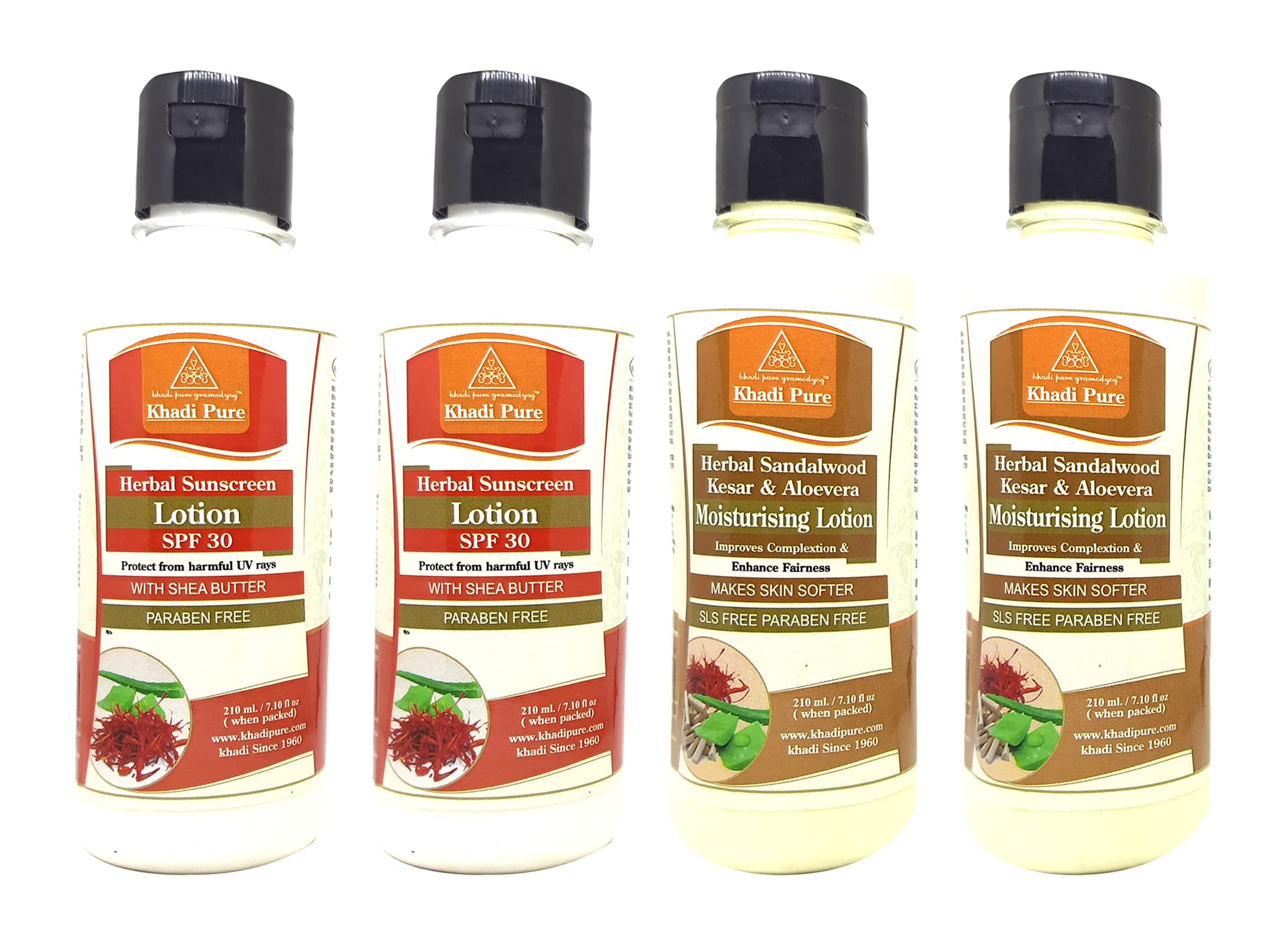 Khadi Pure Sandalwood Kesar Aloe Vera Moisturizing Lotion - SLS & Sunscreen Free, 210ml (Pack of 4) - Hydrating & Nourishing for Dry Skin, Perfect for Daily Skincare Routine