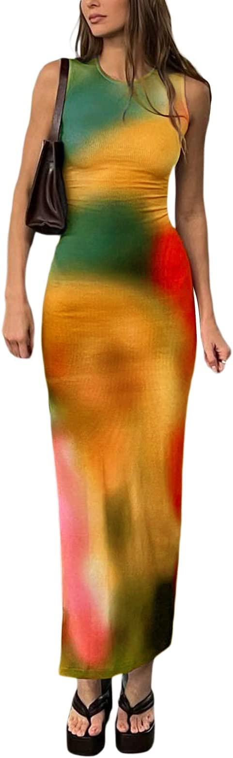 Suillty Women's Y2K Tie Dye Print Sleeveless Bodycon Maxi Dress - Slim Fit Summer Sundress for Beach, Vacation & Casual Outings