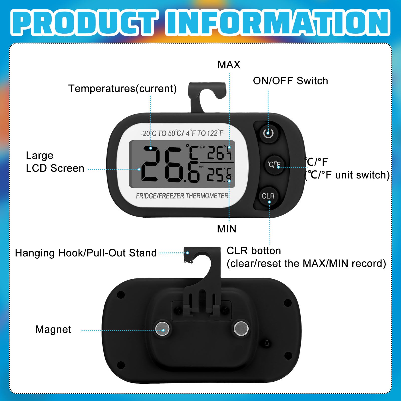 Kanayu 18 Pack Waterproof Digital Refrigerator Thermometer with LCD Screen & Magnetic Back - Accurate Freezer/Fridge Temperature Monitor for Kitchen, Home, Restaurant & Commercial Use (Black)