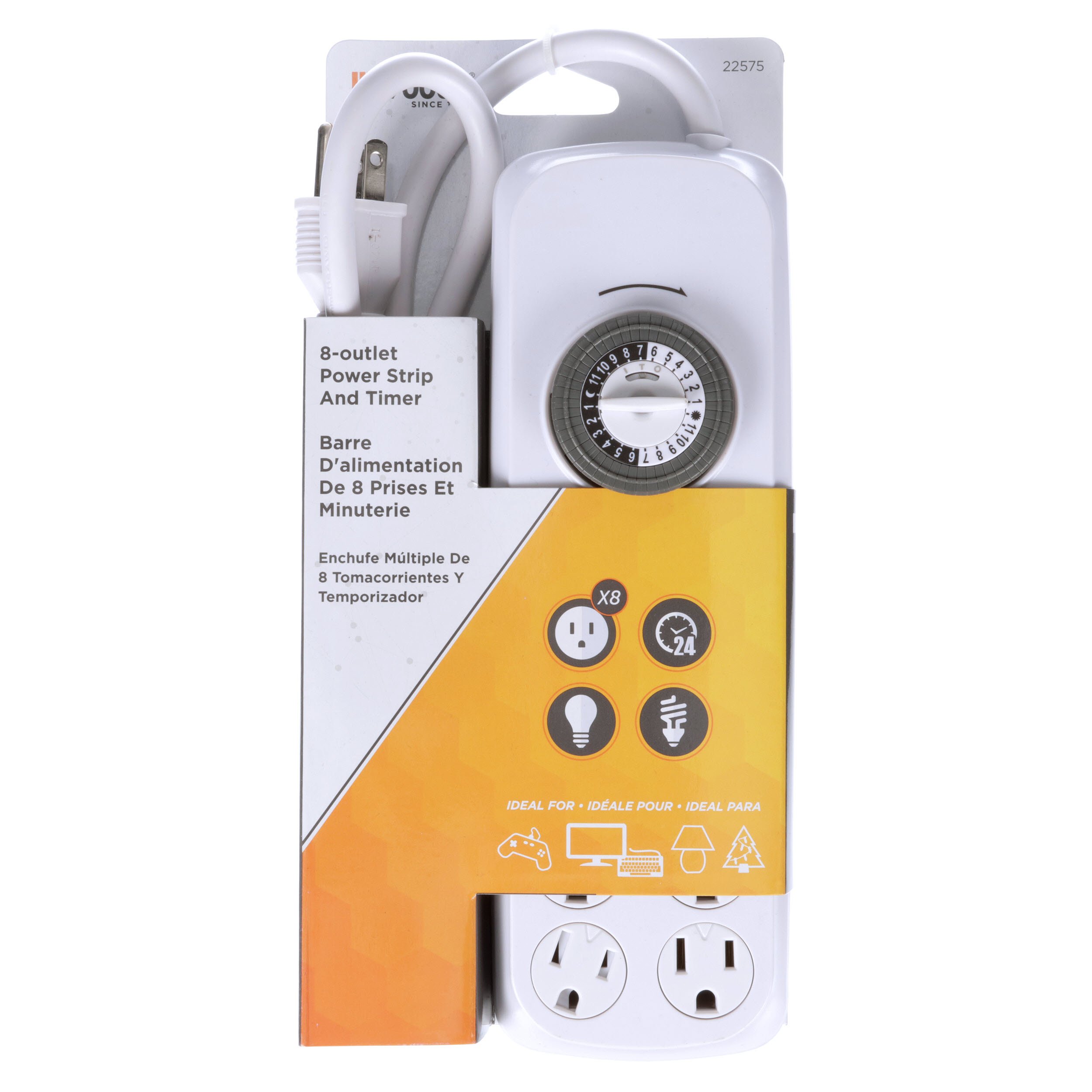 Woods 22575WD 8-Outlet Power Strip with Built-In Mechanical Timer - 8 Grounded Outlets for Home & Office | Perfect for Home Theater, Gaming Setup & Appliance Control