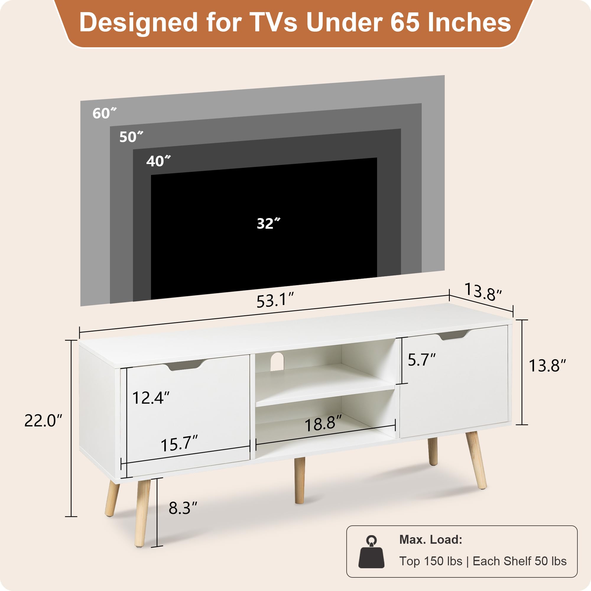 White TV Stand for 50-60 Inch TVs - Wooden Media Console Cabinet with Storage - Modern Entertainment Center for Living Room, Bedroom & Home Theater Setup