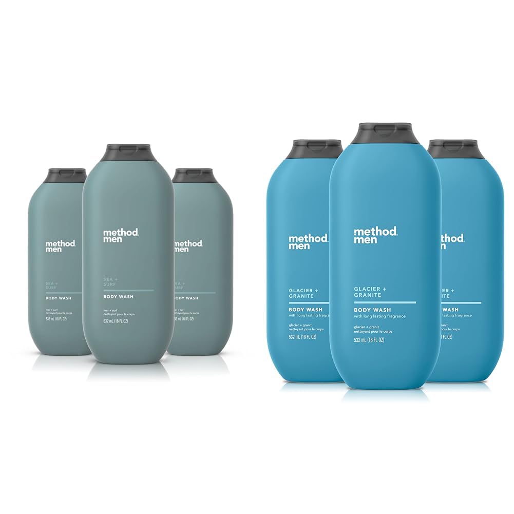 Method Men Body Wash - Sea + Surf & Glacier + Granite Scents, 18 FL Oz (Pack of 3) | Paraben & Phthalate Free, Plant-Based Cleanser for Men | Refreshing Shower Gel for Gym, Workout & Daily Use