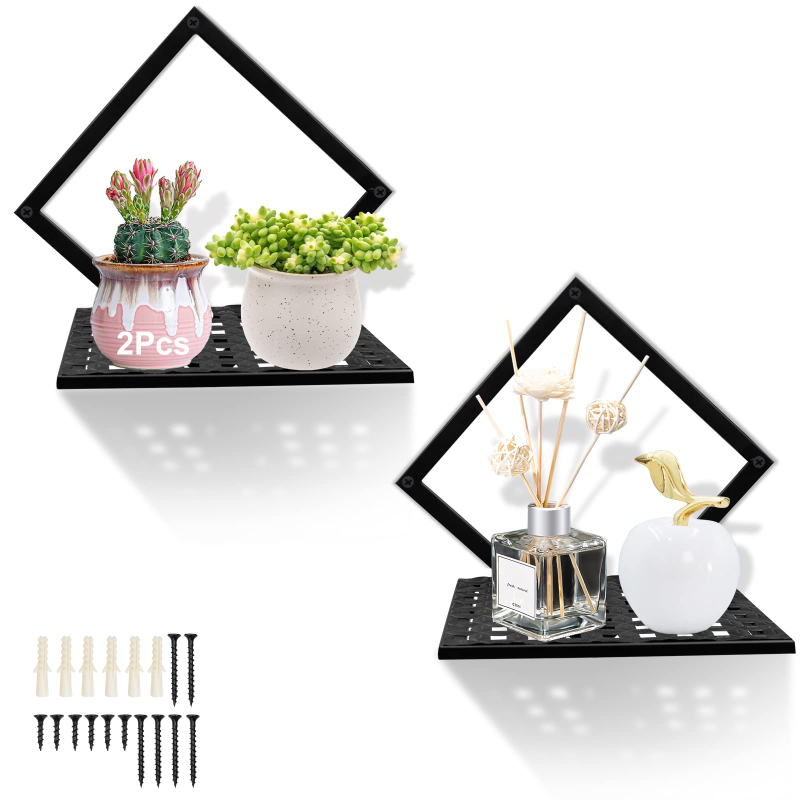 2Pcs Metal Floating Wall Shelves - Modern Wall Mounted Display Shelf for Books, Photos & Plants - Space Saving Storage Organizer for Living Room, Kitchen, Bedroom & Bathroom - Perfect for Home Decor & Small Space Organization