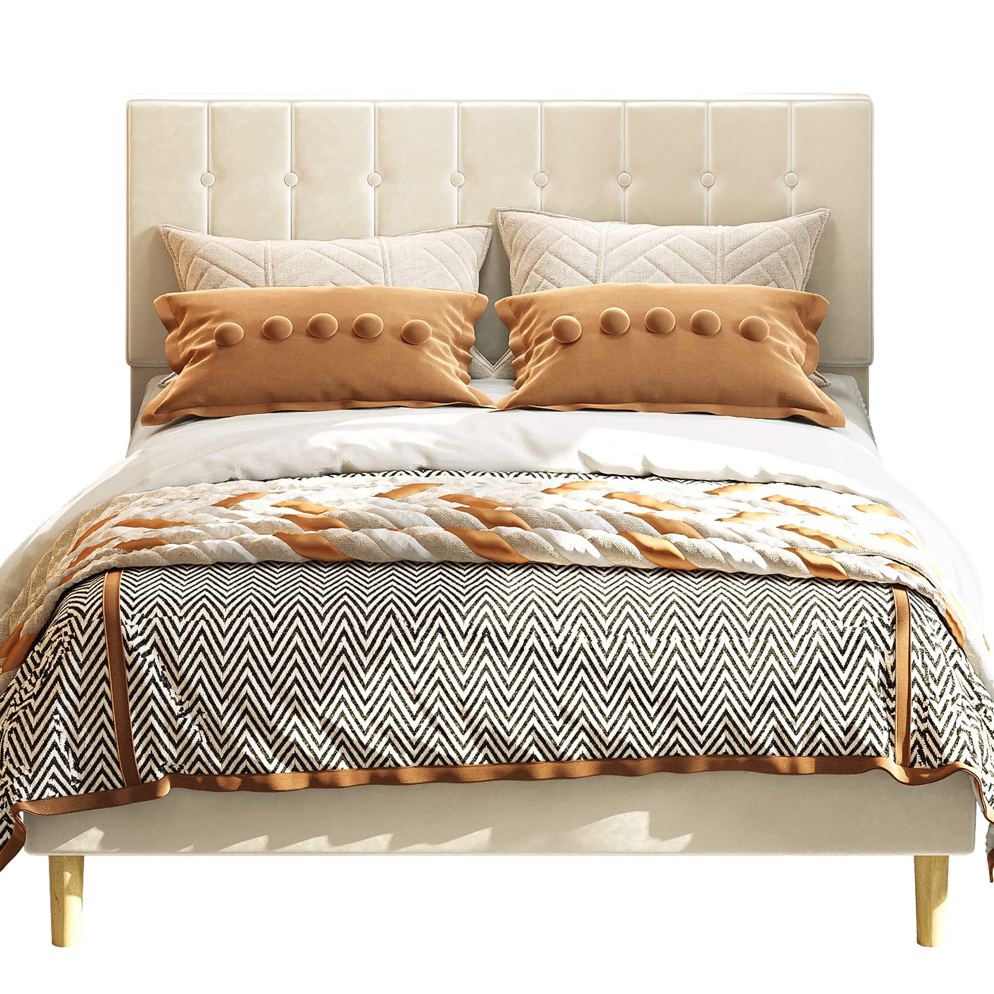 LIKIMIO Full Size Bed Frame - Velvet Upholstered Platform Bed with Sturdy Metal Frame & Wooden Slats | Easy Assembly Mattress Foundation | Perfect for Bedrooms, Guest Rooms & Apartments (Beige, Full)