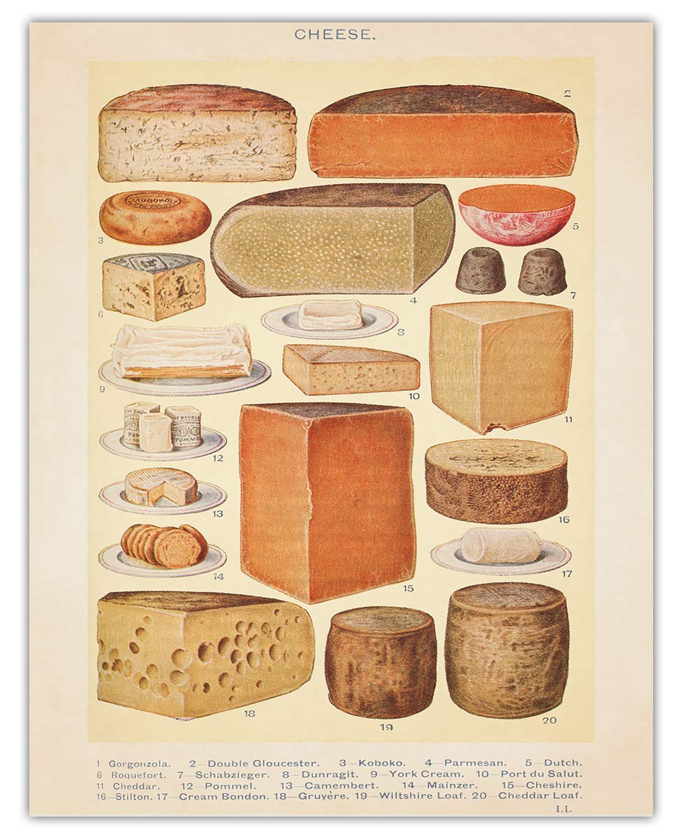 Vintage Cheese Art Print - 11x14 Unframed Farmhouse Kitchen Wall Decor, Rustic Dairy Illustration for Home & Restaurant Decoration - Perfect for Country Style Kitchens, Cafés and Cheese Shops