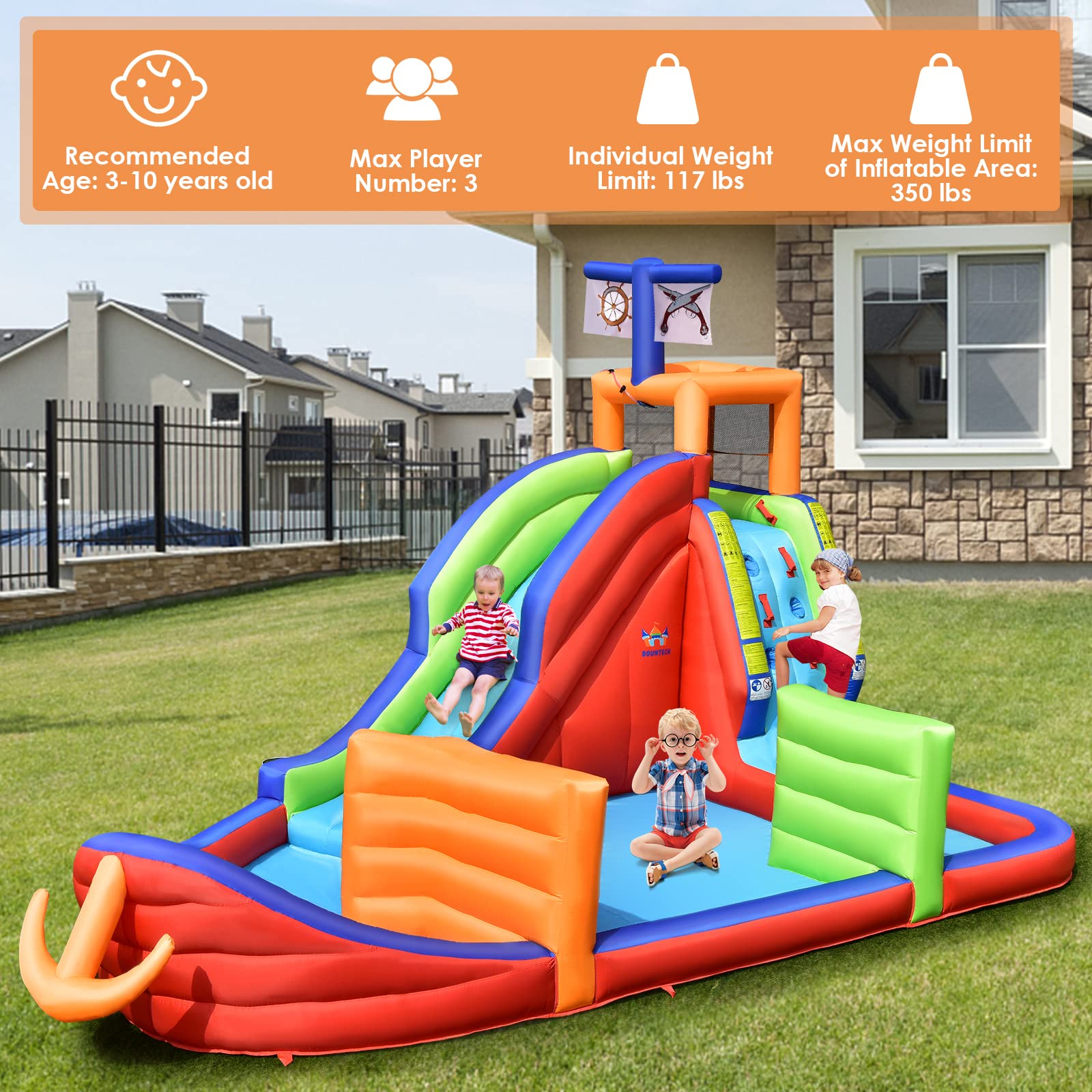 BOUNTECH Inflatable Water Slide - Pirate Ship Theme Backyard Water Park for Kids & Adults with 735W Blower, Splash Pool & Dart Game | Perfect for Birthday Parties, Summer Fun, and Outdoor Family Gatherings