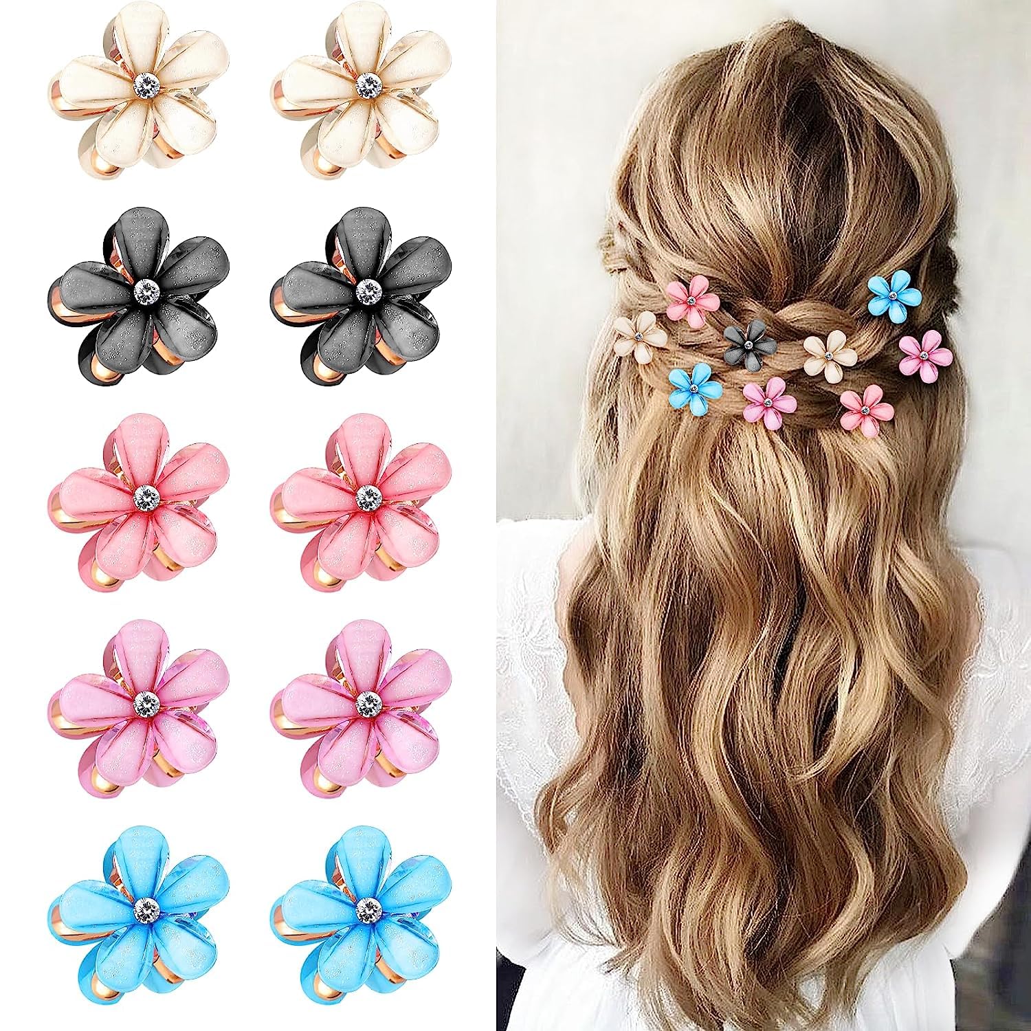 10Pcs Resin Pearl Mini Claw Hair Clips - Metal Flower Barrettes for Women & Girls, Multicolor Hair Accessories for Party, Wedding & Daily Styling