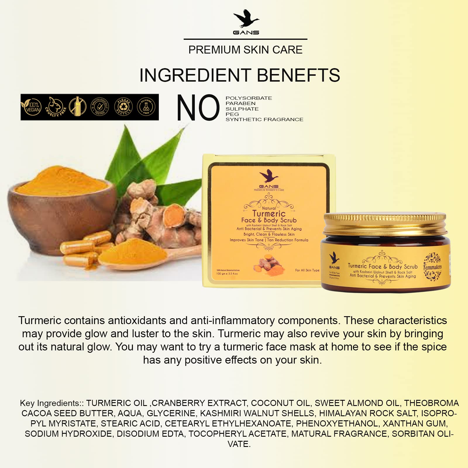 Gans Skincare Turmeric (Haldi) Face & Body Scrub 100g - All Natural Exfoliator with Turmeric, Cranberry & Coconut Oil for Skin Brightening, Rejuvenation & Hyperpigmentation - Removes Dead Skin, Tan & Blemishes for Instant Glow - Perfect for Daily Skincare Routine & Spa Treatments