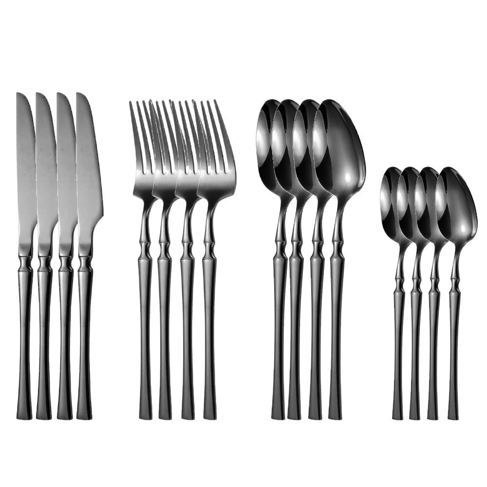 16-Piece Stainless Steel Flatware Set - Forks, Knives & Spoons - Dishwasher Safe Western Cutlery for 4 People - Elegant Black Tableware for Weddings, Dinner Parties & Everyday Dining