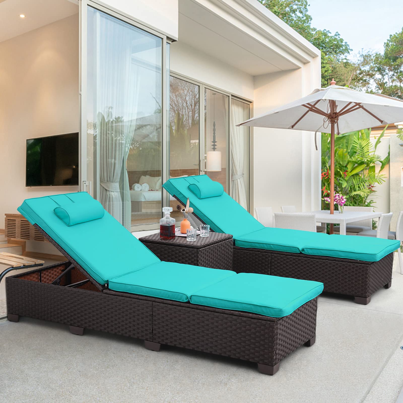 Outdoor PE Wicker Chaise Lounge Set of 3 - Adjustable Brown Rattan Recliners with Turquoise Cushions & Storage Table - Patio, Poolside, Garden Furniture for Relaxing Outdoors