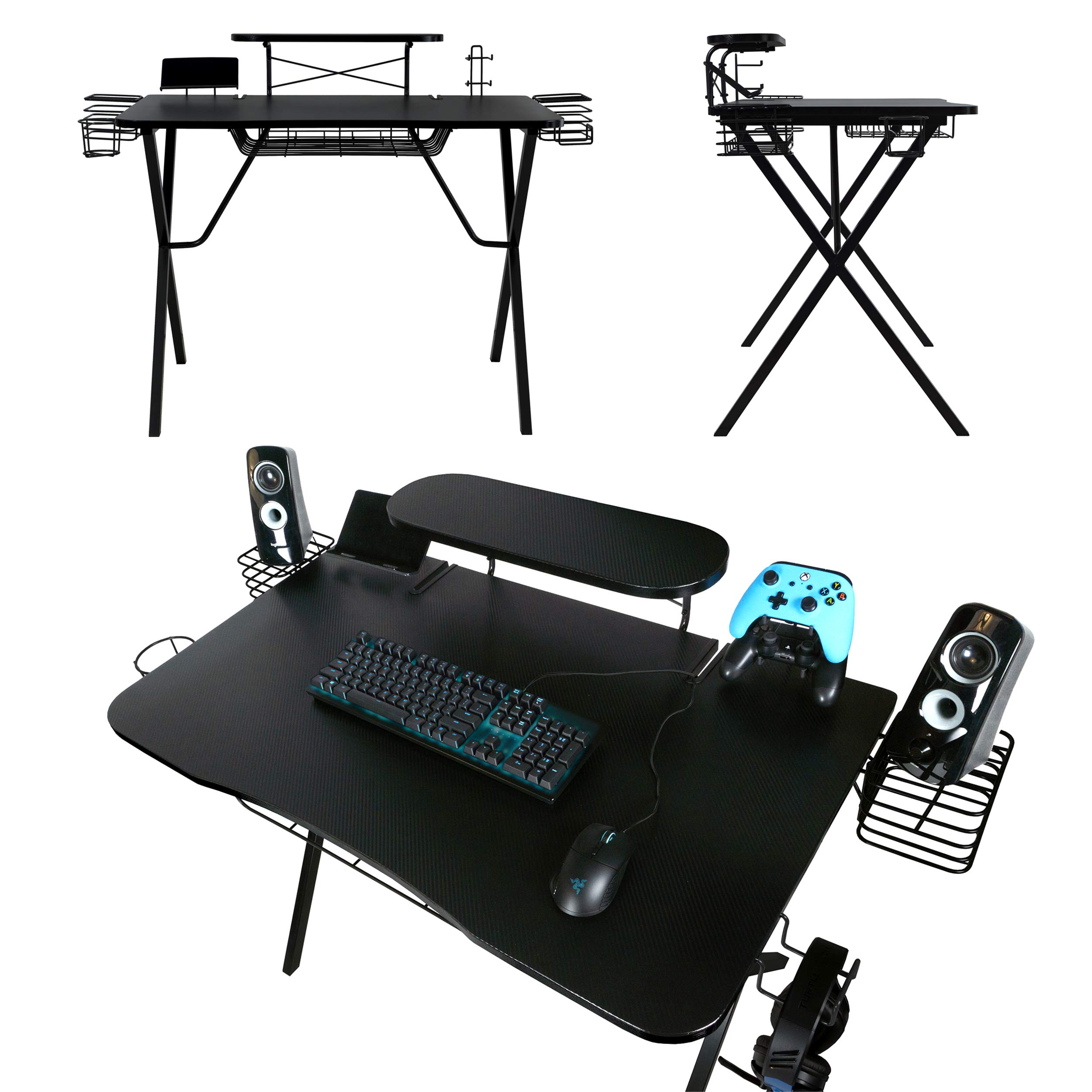 Atlantic Gaming Desk with Carbon-Fiber Desktop, X-Legs & Monitor Stand - Ergonomic Computer Desk for PC Gamers with Phone Holder & Speaker Stands (Black) - Perfect for Streaming, Esports & Home Office Setup