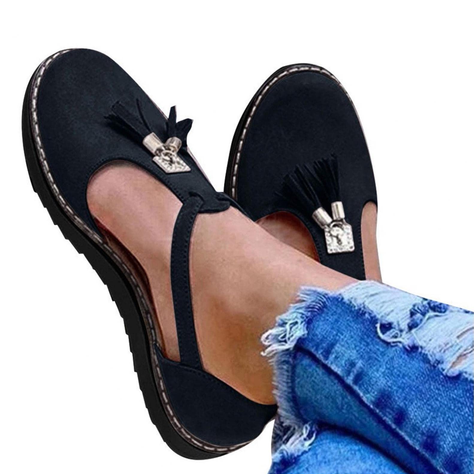 AODONG Women's Tassel Leather Platform Sandals - Closed Toe Buckle Ankle Strap Heels for Casual Wear | Perfect for Summer Outings, Beach Vacations & Date Nights