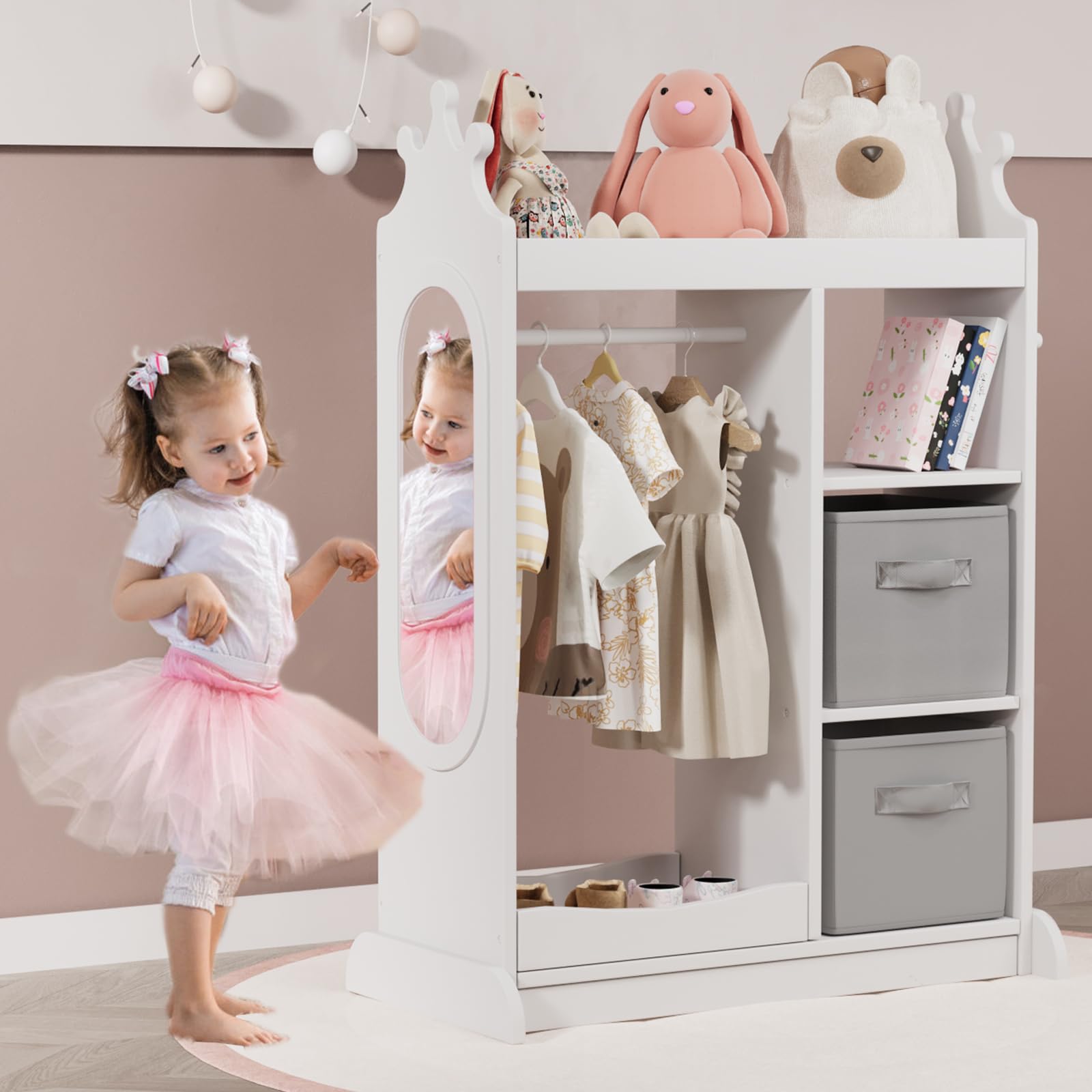 KIDINIX Kids Wardrobe with Mirror - White Open Dress Up Storage Armoire with 3-Tier Shelf, 2 Fabric Bins & Shoe Rack - Perfect for Organizing Coats, Dance Costumes, Hats & Shoes in Bedroom or Playroom
