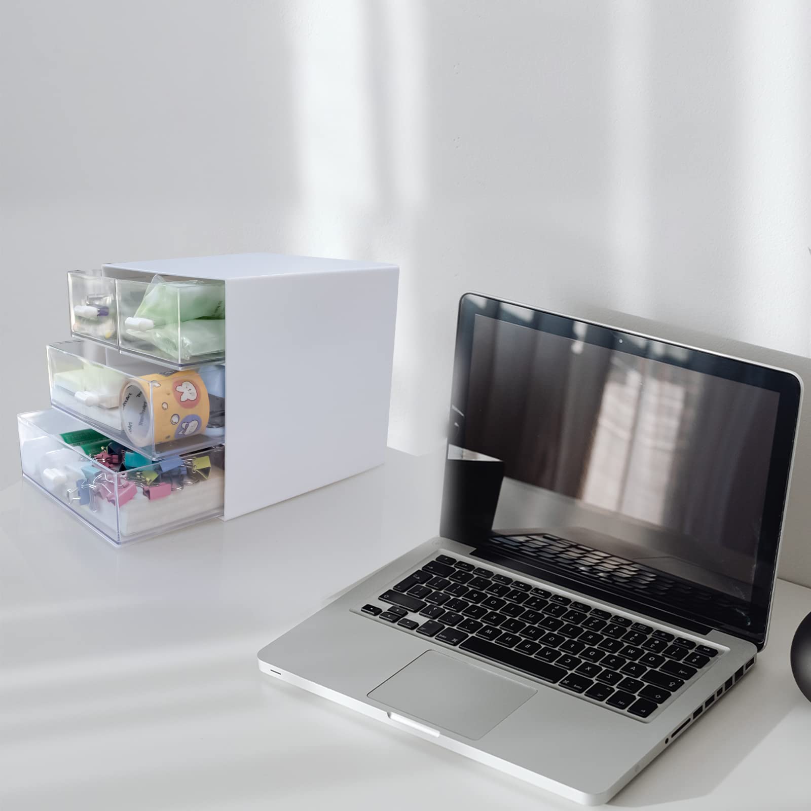 4-Drawer White Plastic Desk Organizer with Storage Box - Office, School & Home Stationery Supplies Organizer for Pens, Paper Clips & Small Accessories - Perfect for Workspace, Study Desk & Craft Room Organization