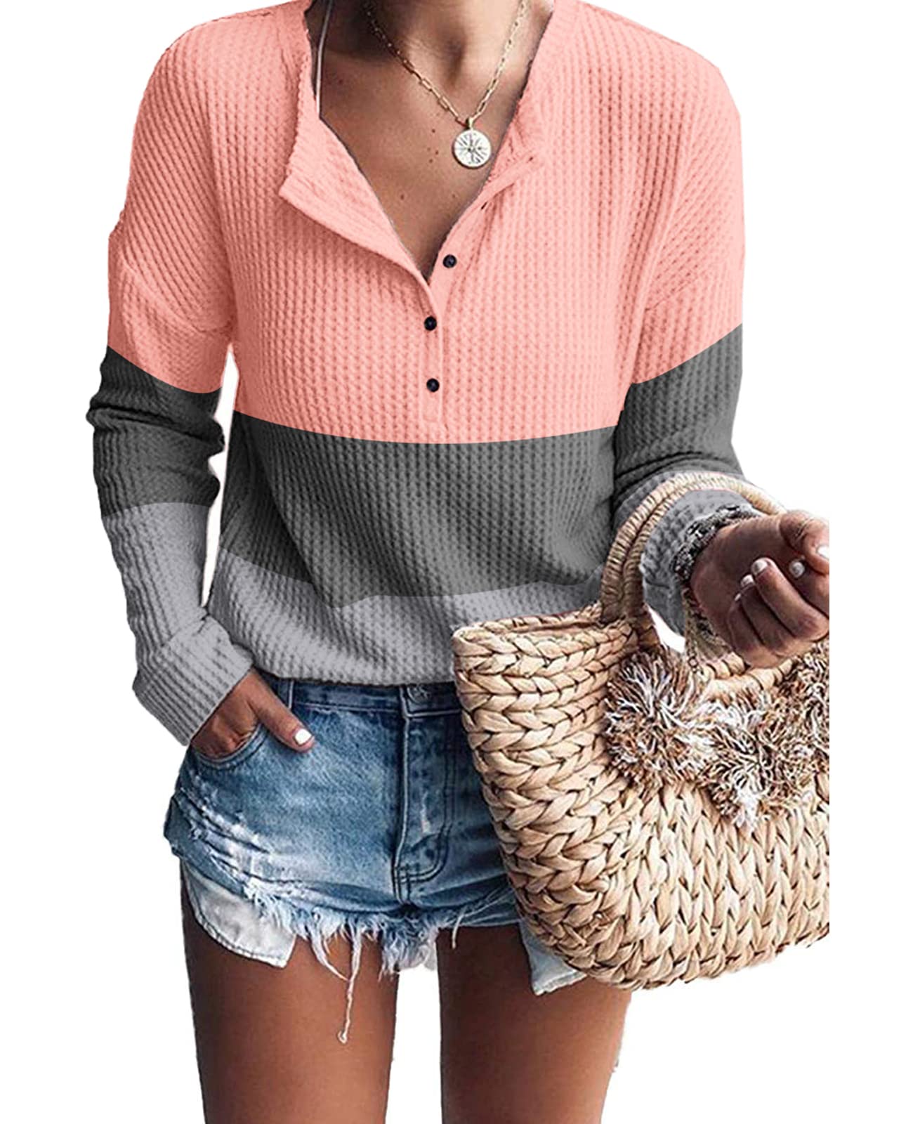 Glanzition Women's Fall Long Sleeve Waffle Knit Henley Sweater - Color Block Pullover for Autumn 2022 | Cozy Casual Wear for Work, Date Night & Weekend Outings