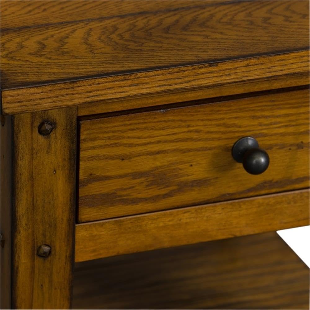 Pemberly Row Farmhouse Wood and Brass Side Table - Golden Oak Finish - Perfect for Living Room, Bedroom, or Office Accent Table