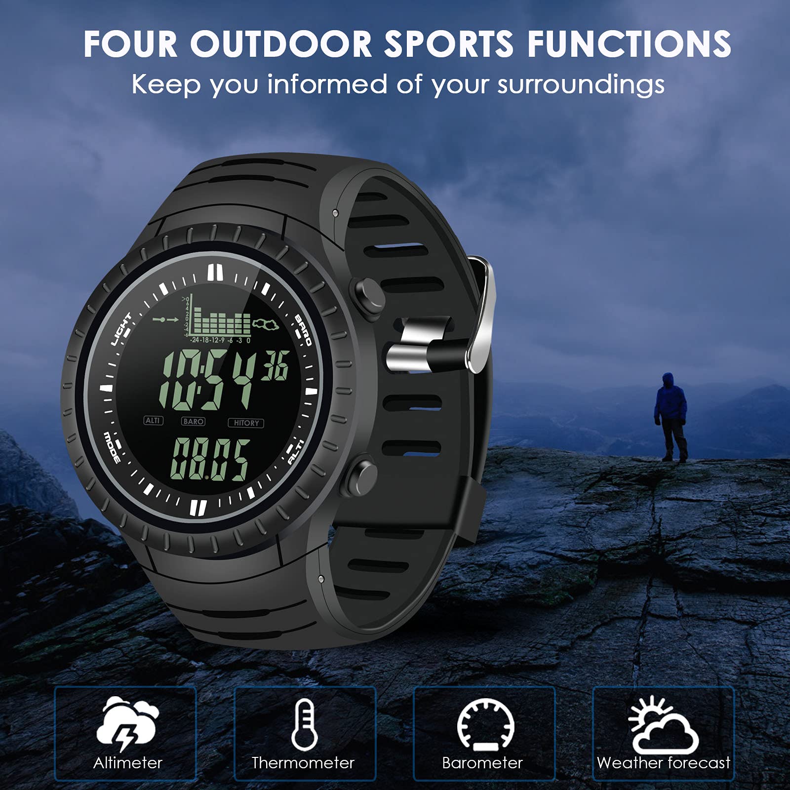 Men's Digital Watch - Waterproof Military Sports Tactical Fishing Wristwatch with Altimeter, Barometer & Thermometer - Black | Perfect for Outdoor Adventures, Hiking, Camping & Water Sports